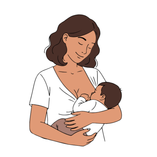 Illustration of a woman holding a newborn baby at her chest, smiling gently.