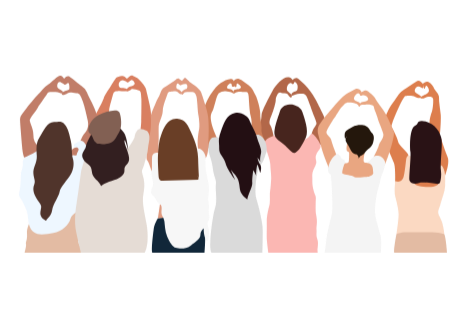 A group of women standing side by side with their arms raised, celebrating unity and diversity.
