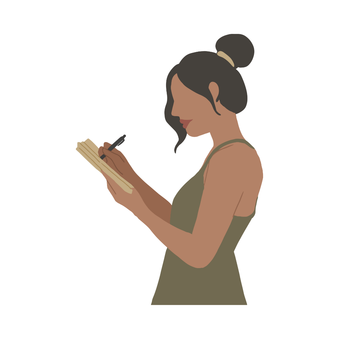 A woman with dark hair tied in a bun, wearing a sleeveless dress, writing in a notebook with a pen.