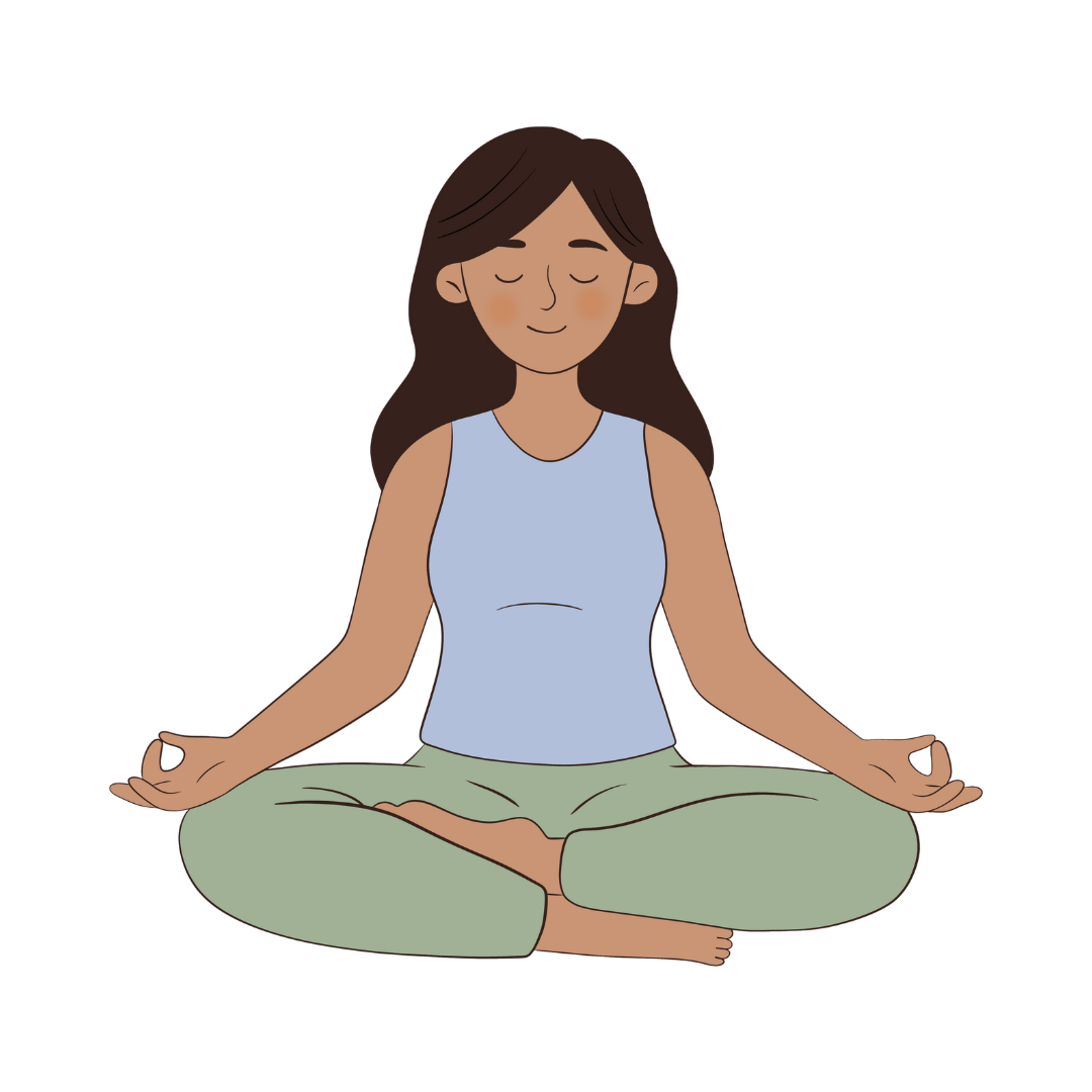 Illustration of a woman practicing yoga in a seated meditative pose with eyes closed and hands resting on knees.