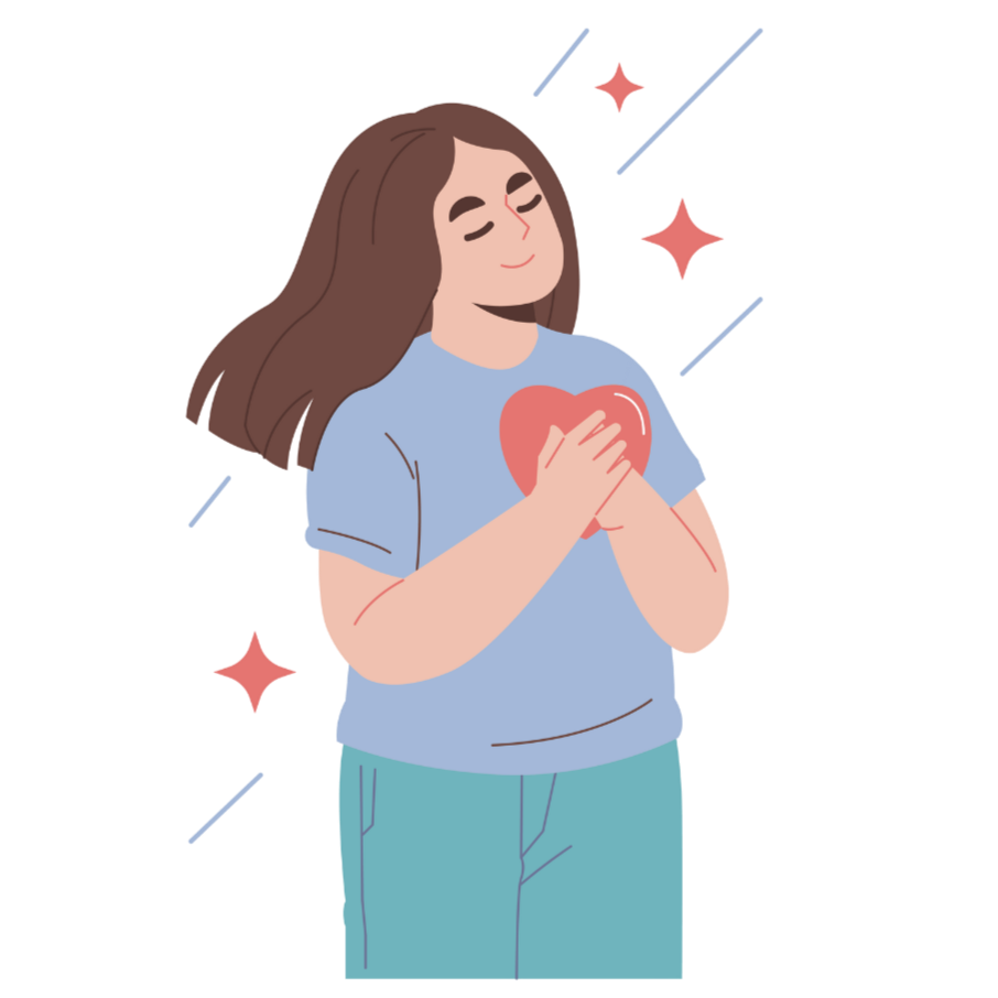 A young woman with brown hair, wearing a light blue shirt, holding a red heart-shaped object close to her chest with both hands, smiling with her eyes closed, surrounded by red and pink sparkles.