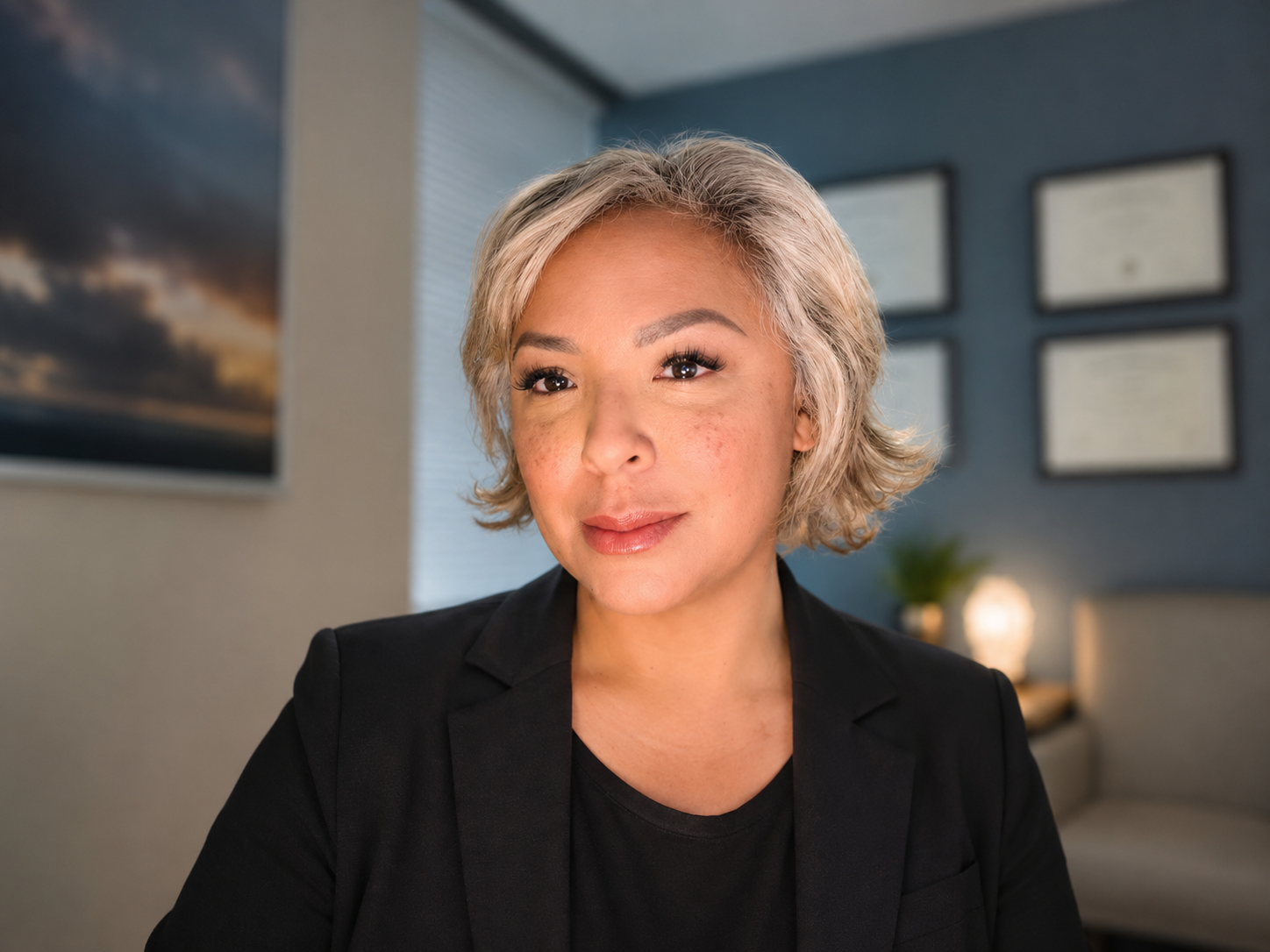 Portrait of a woman with short blonde hair, wearing a black blazer, sitting in an office environment with framed certificates or documents and a plant in the background.