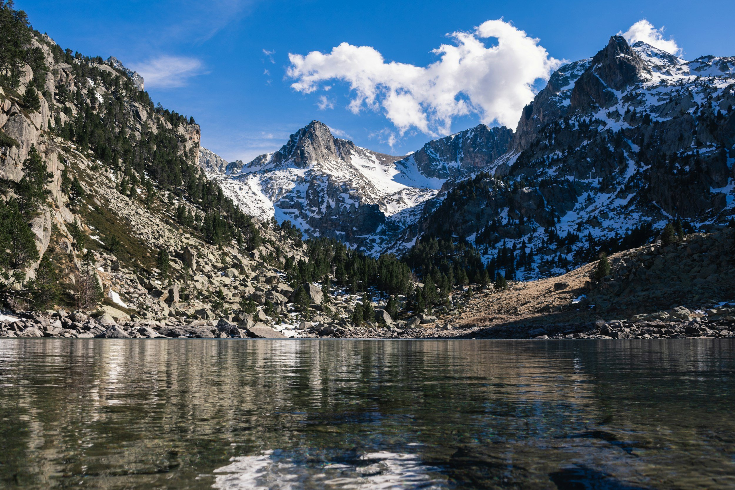 Snow-capped mountains with pine trees, rocky slopes, and a calm lake in the foreground under a blue sky with white clouds.