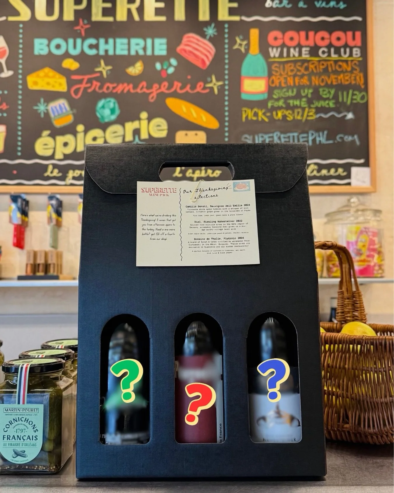 MYSTERY THANKSGIVING PACK ⁉️ purchase online, pick-up in the shop. Or pop by to unveil the juice @kait_caruke will be drinking on 🦃 day. 

$105/pop. Linked in bio. 🍇