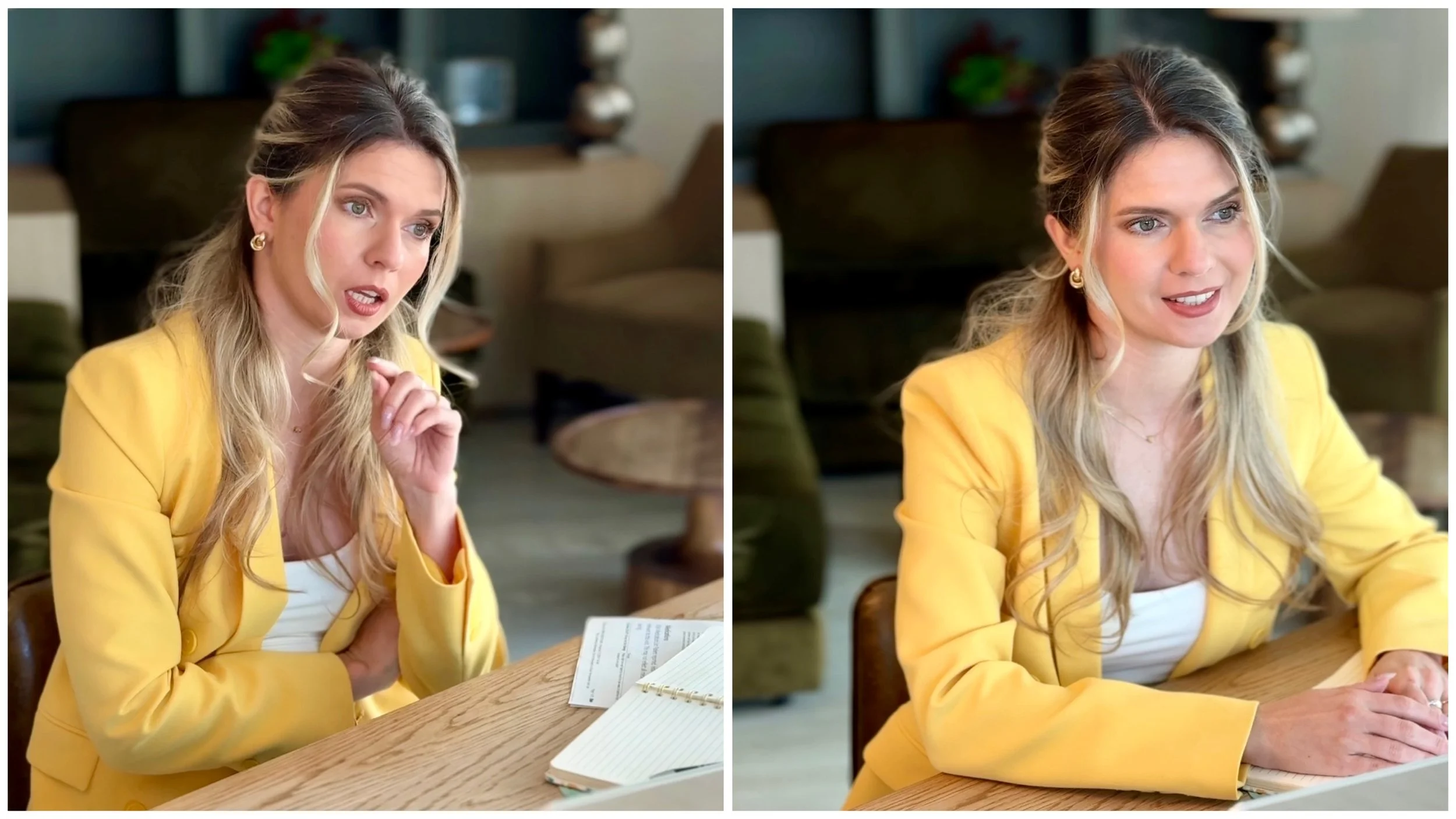 Visual comparison of compressed versus grounded posture — the physical difference between presence that undermines authority and presence that commands it. Illustrated by presence coach Kate Ziuz.