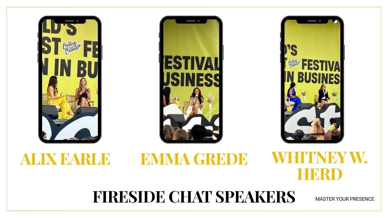 Fireside chat speakers on stage at the Create & Cultivate 2026 festival in Los Angeles, photographed by presence coach Kate Ziuz.