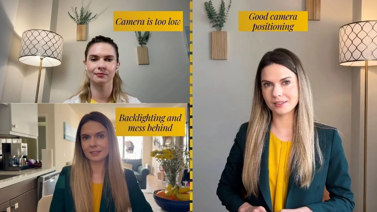 home podcast recording setups showing the visual difference between a laptop camera positioned too low versus raised to eye level — the latter creates stronger on-screen presence and perceived authority for remote podcast interviews