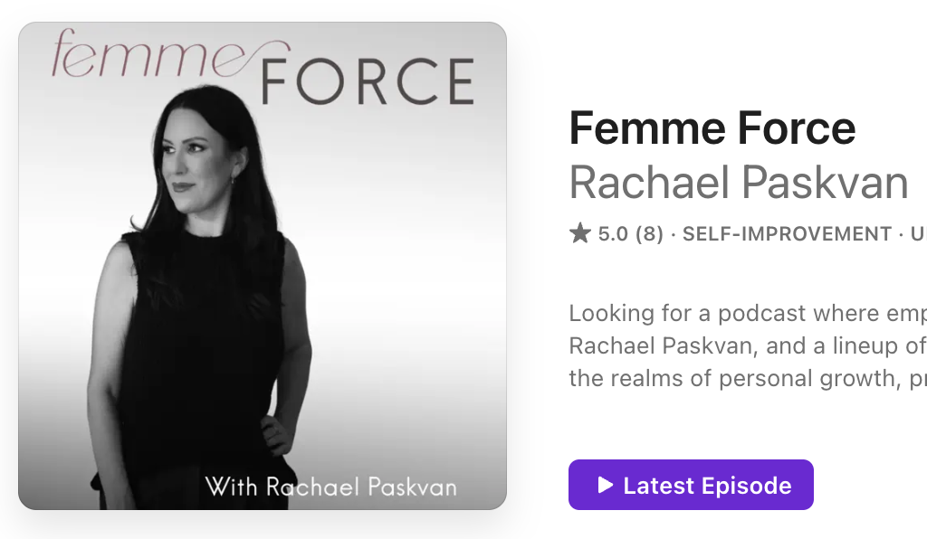 Black and white promotional poster for the Femme Force podcast featuring Rachael Paskvan, showing her in a sleeveless black top with her hand on her hip, looking to the side.