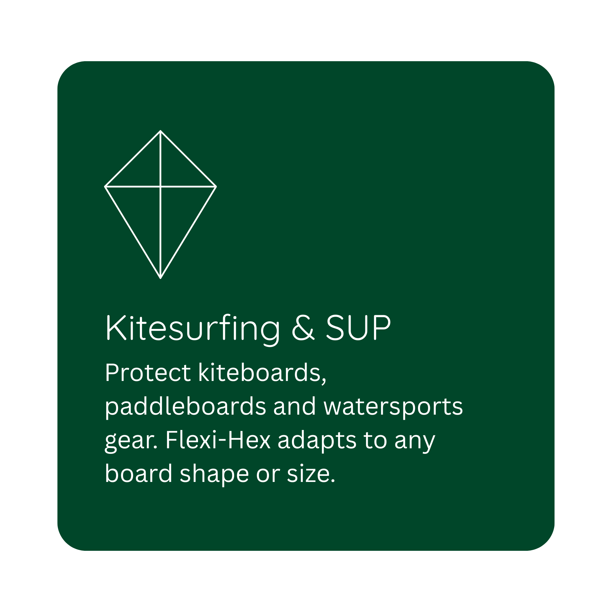 Green square label with white kite logo at the top left. Text reads: "Kitesurfing & SUP. Protect kiteboards, paddleboards and watersports gear. Flexi-Hex adapts to any board shape or size."