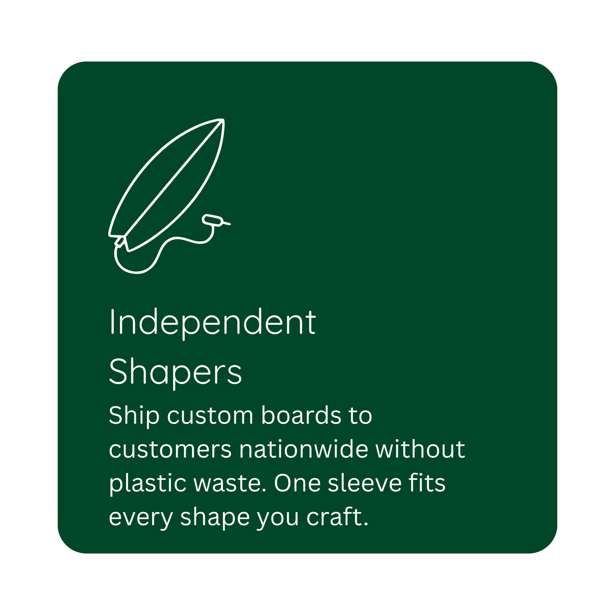 Green graphic with a white line drawing of a surfboard and text that reads, 'Independent Shapers. Ship custom boards to customers nationwide without plastic waste. One sleeve fits every shape you craft.'