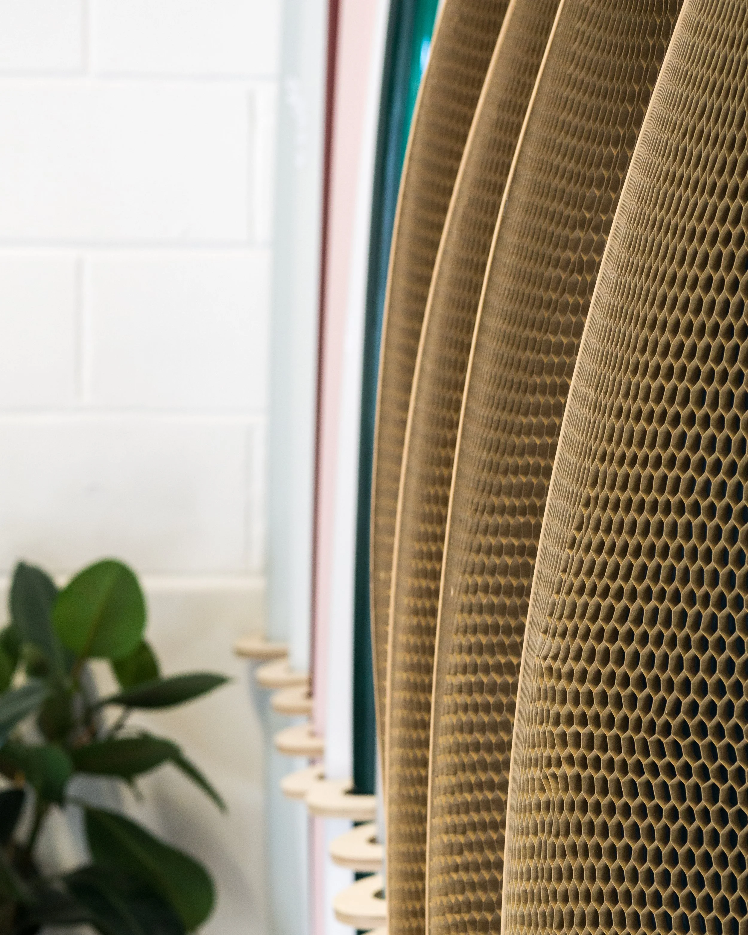Close-up of a row of acoustic panels with honeycomb patterns, mounted on a wall, with a white brick wall and a green plant in the background.