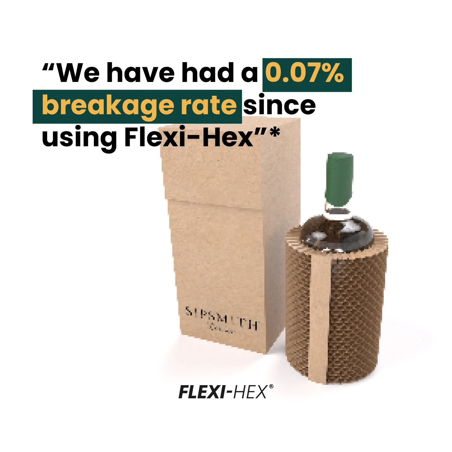 A Flexi-Hex packaging image featuring a cardboard box labeled 'Sipsmith' next to a wine bottle encased in brown hexagonal cardboard material. Text reads: 'We have had a 0.07% breakage rate since using Flexi-Hex'."