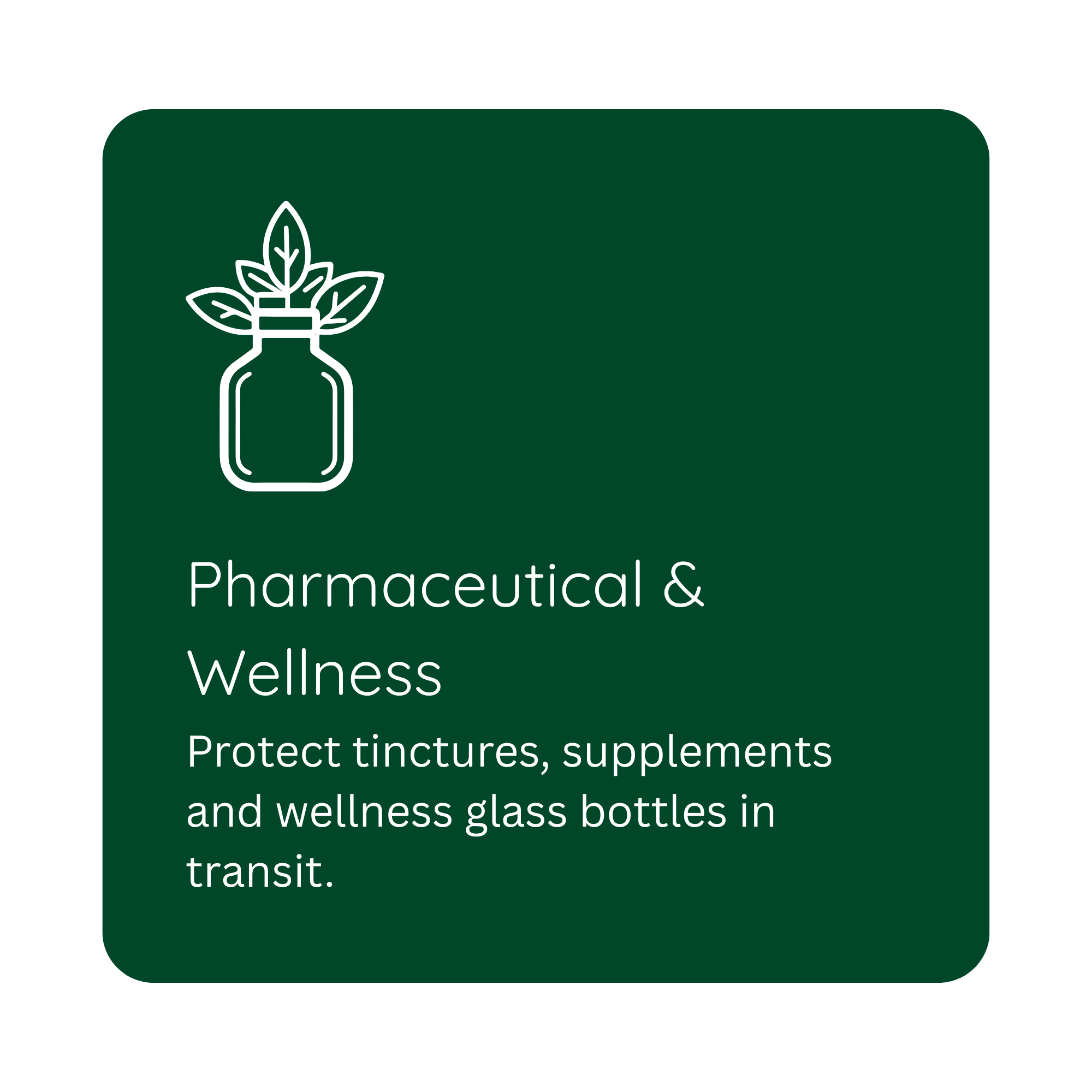 Green sign with white line drawing of a bottle with leaves and text that reads 'Pharmaceutical & Wellness. Protect tinctures, supplements, and wellness glass bottles in transit.'