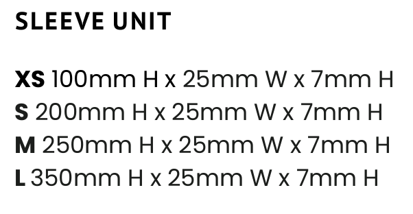Chart showing sleeve dimensions for sizes XS to L in millimeters