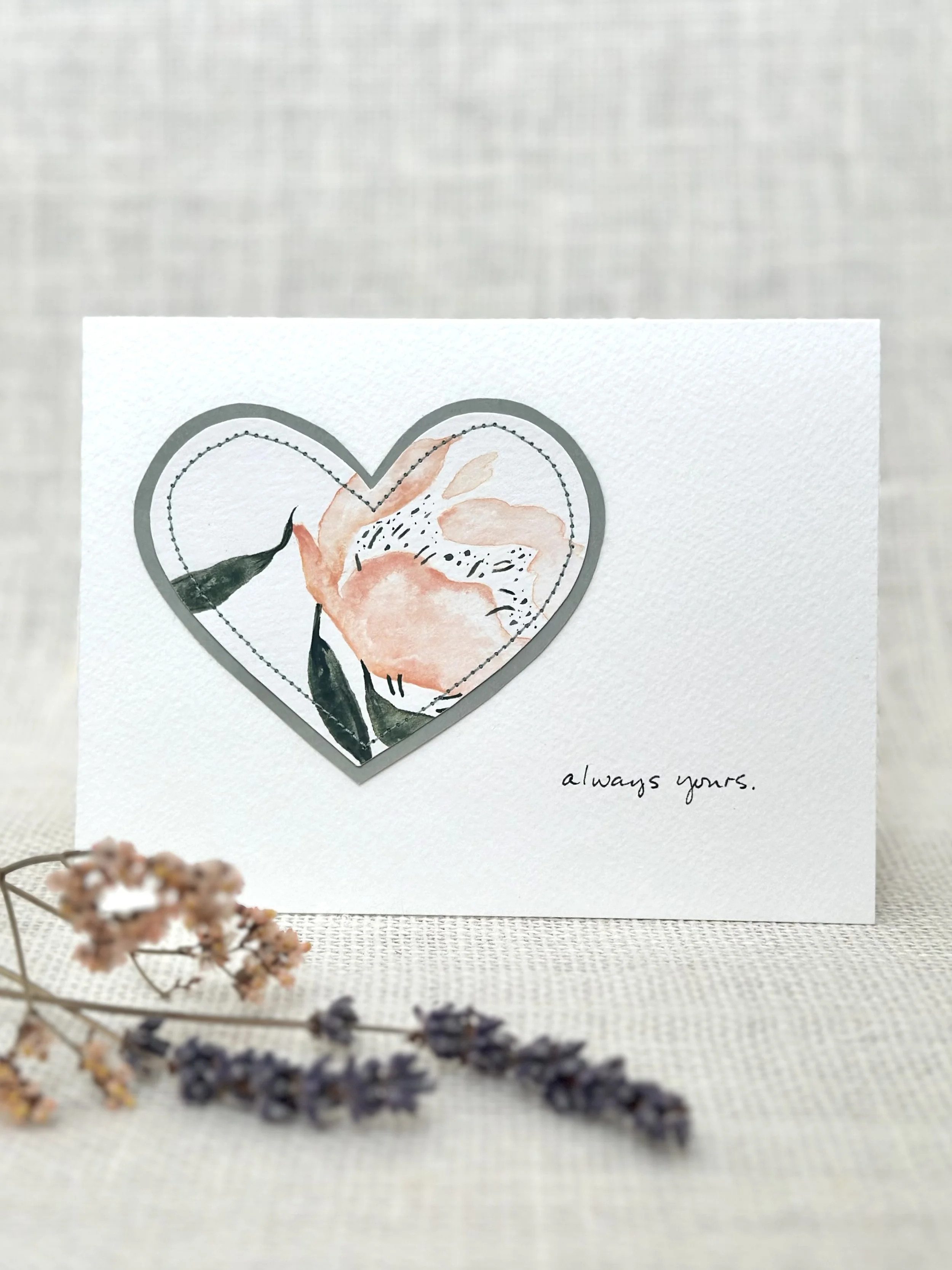 always yours heart sewn watercolor art card