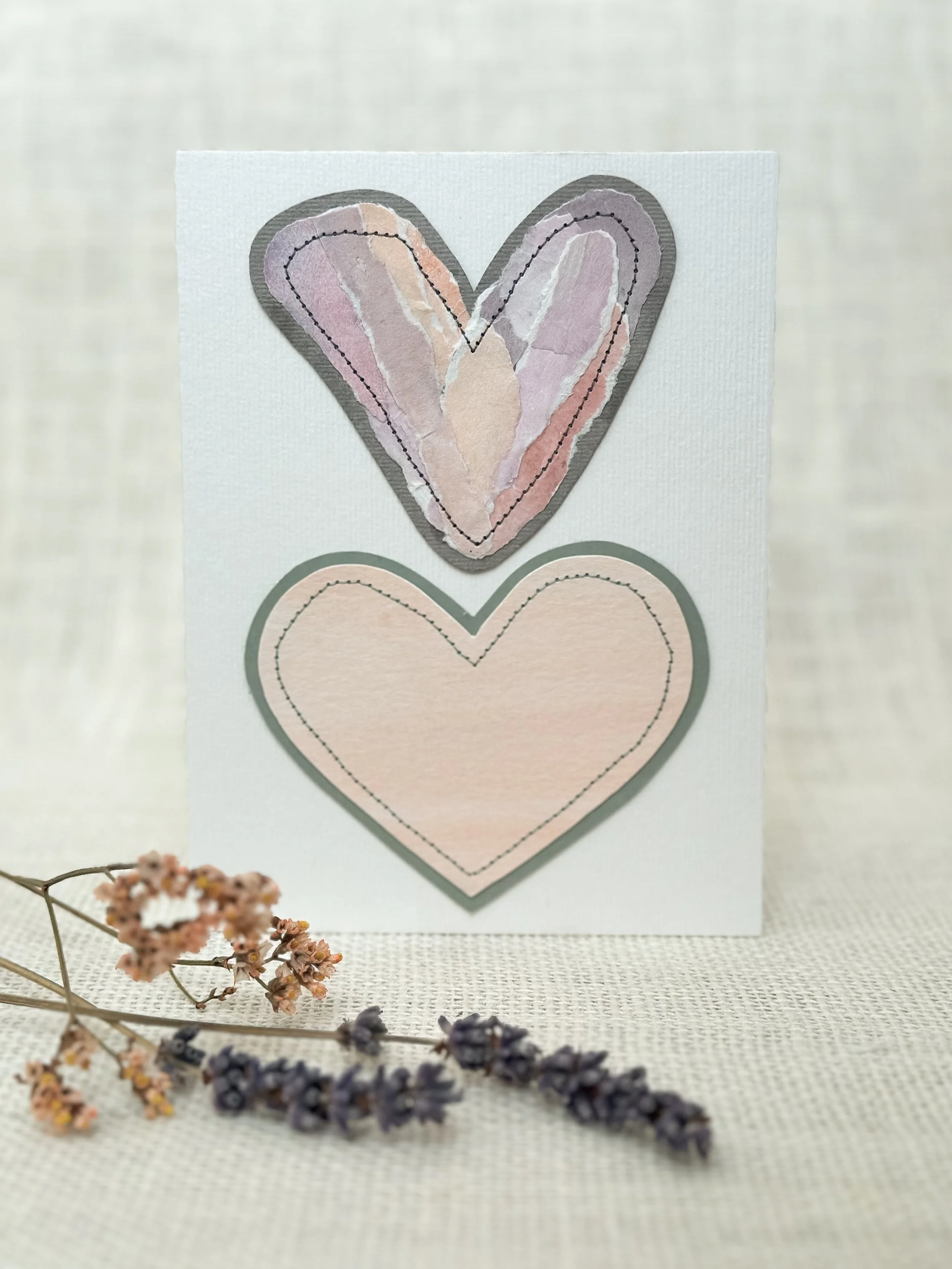 blush lavender hearts - sewn watercolor art card