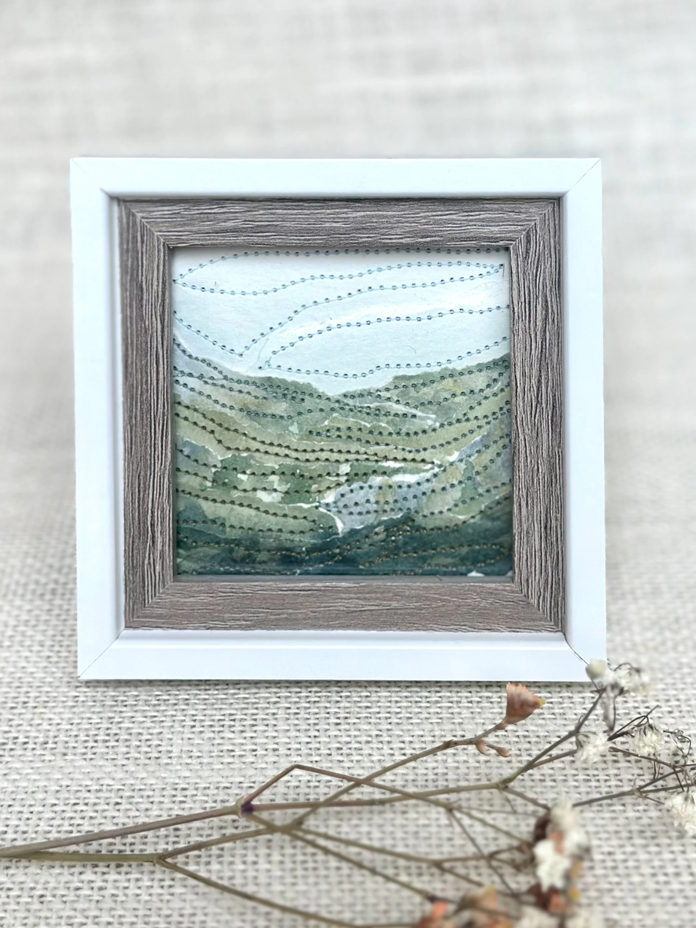 morning ridge lines - mini framed sewn watercolor landscape