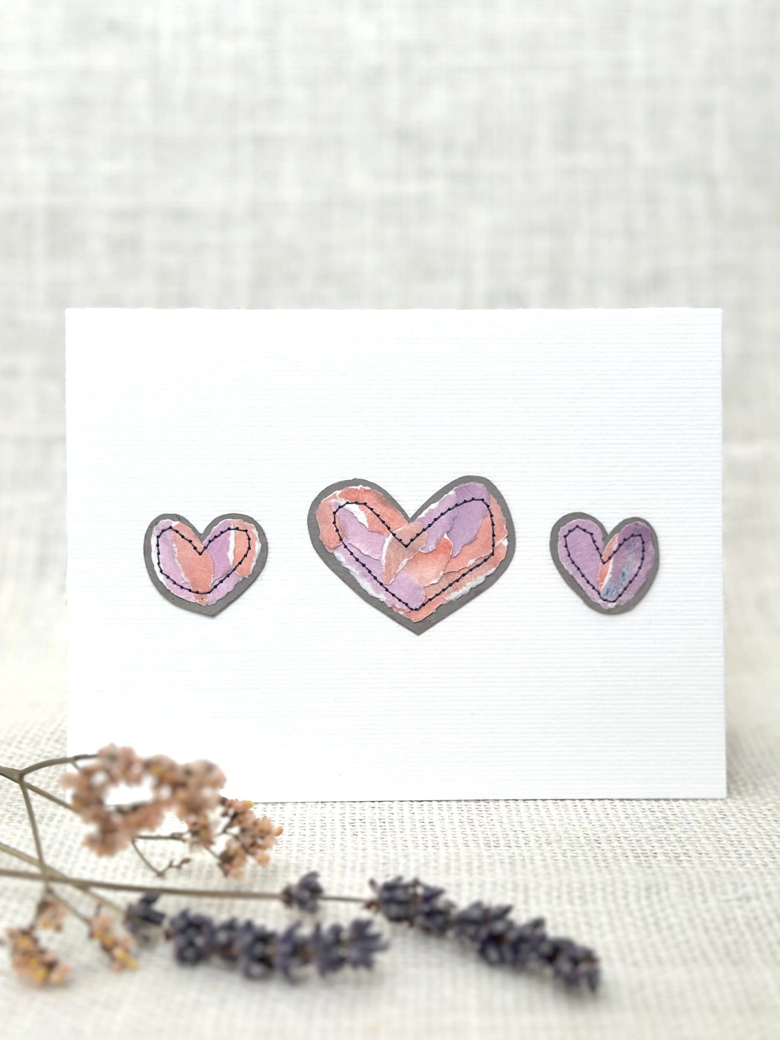 lavender trio hearts - sewn watercolor art card
