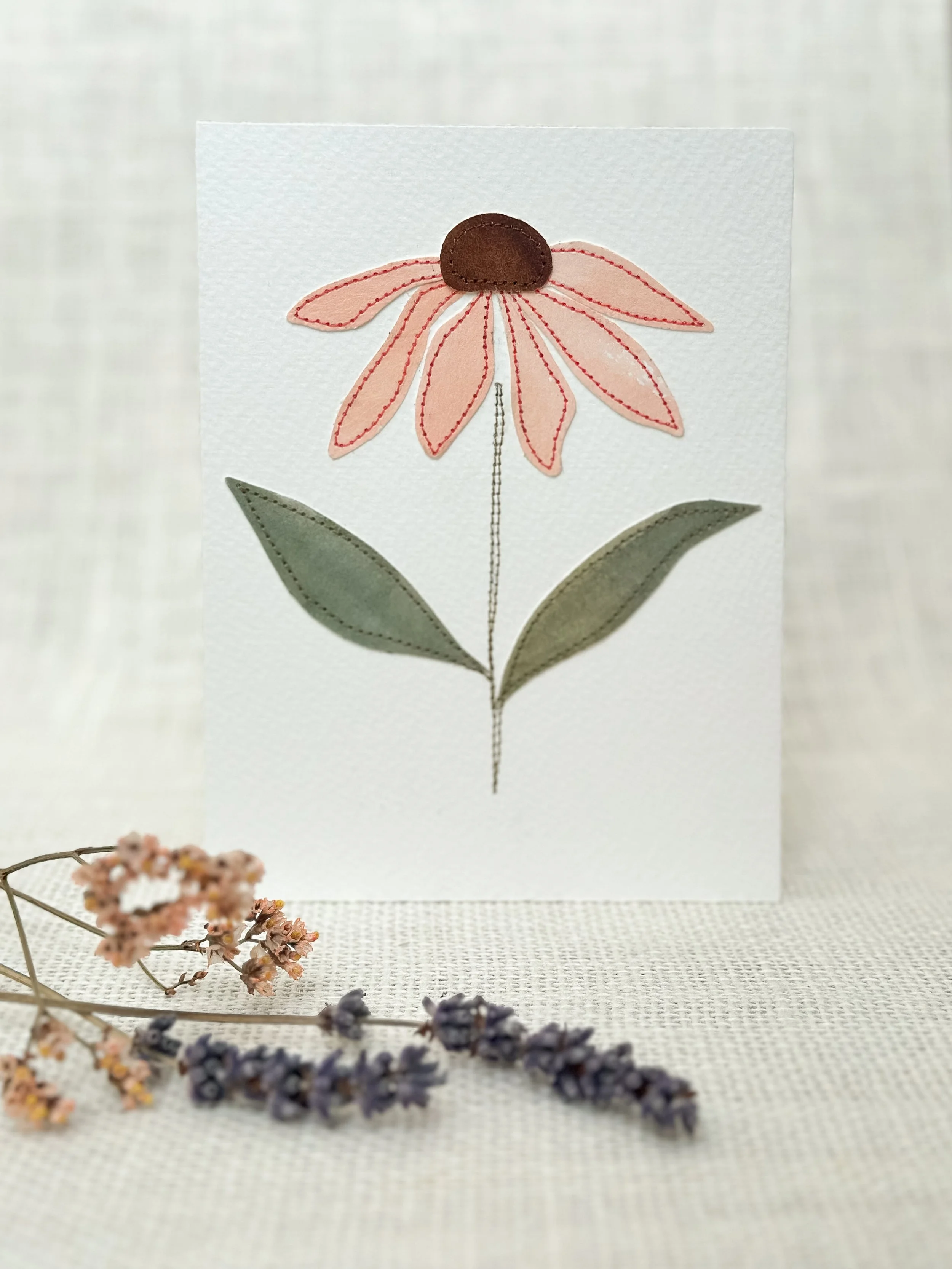 pink wildflower - sewn watercolor art card