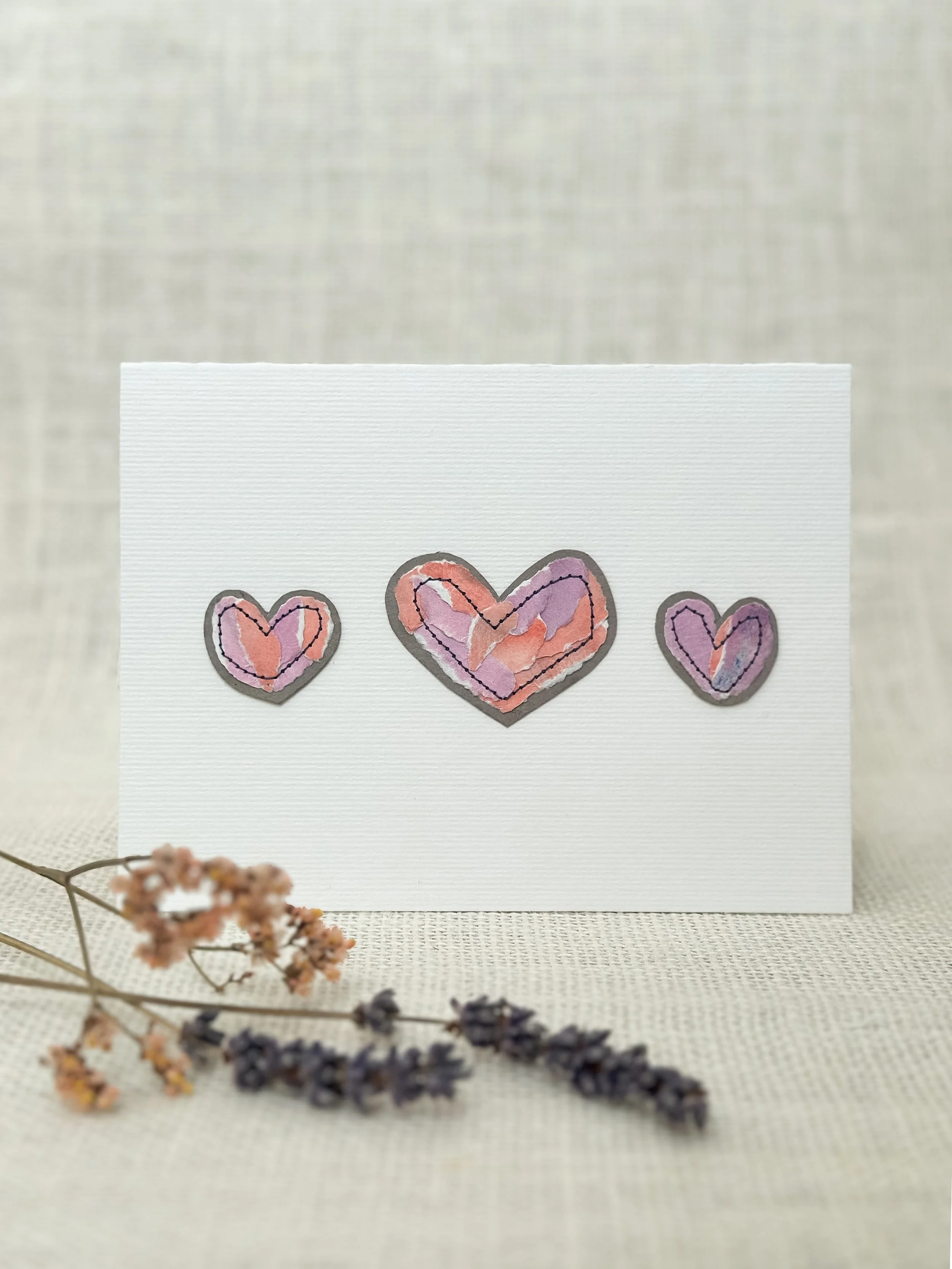 lavender trio hearts - sewn watercolor art card