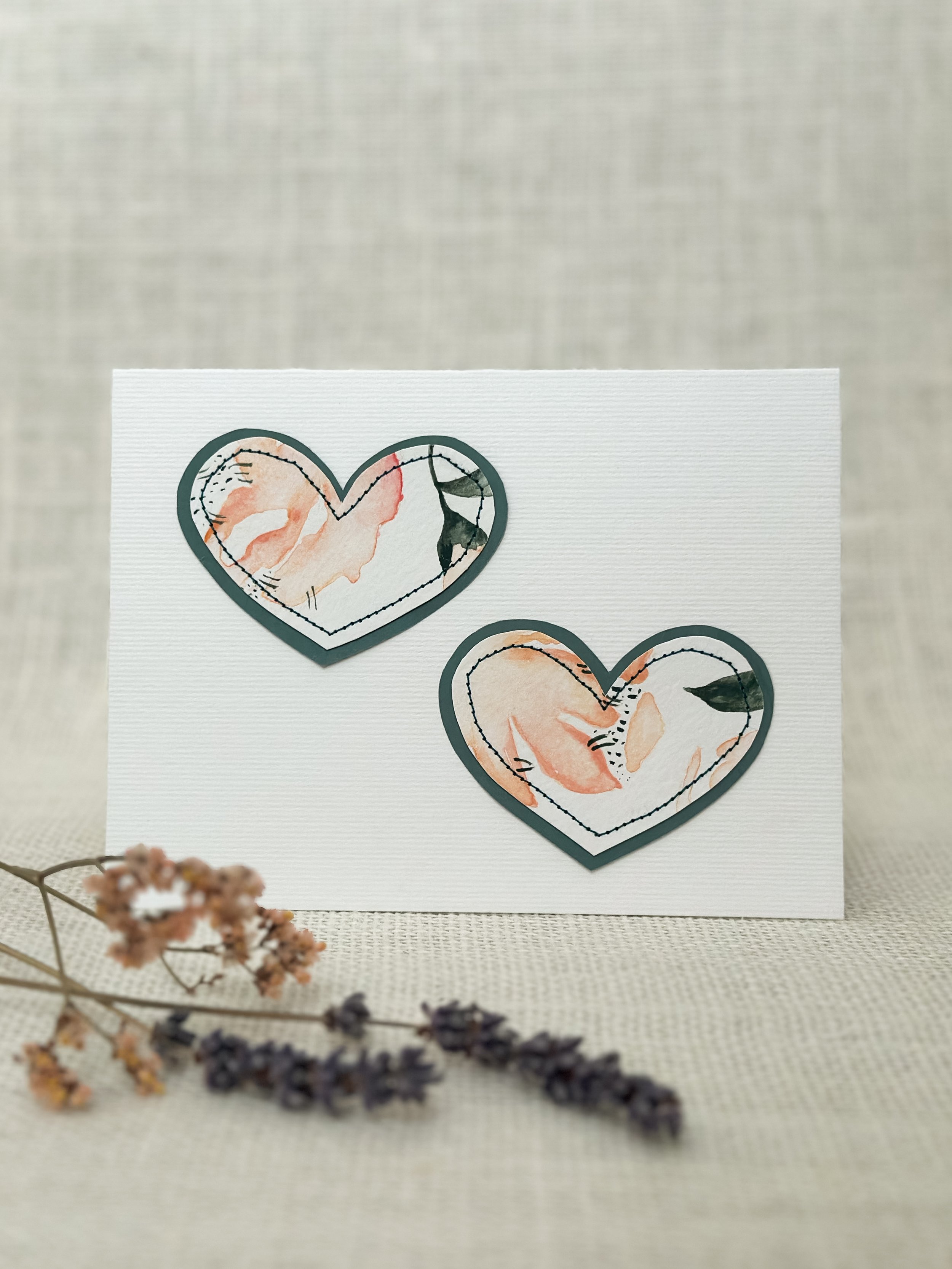 wild rose hearts - sewn watercolor art card