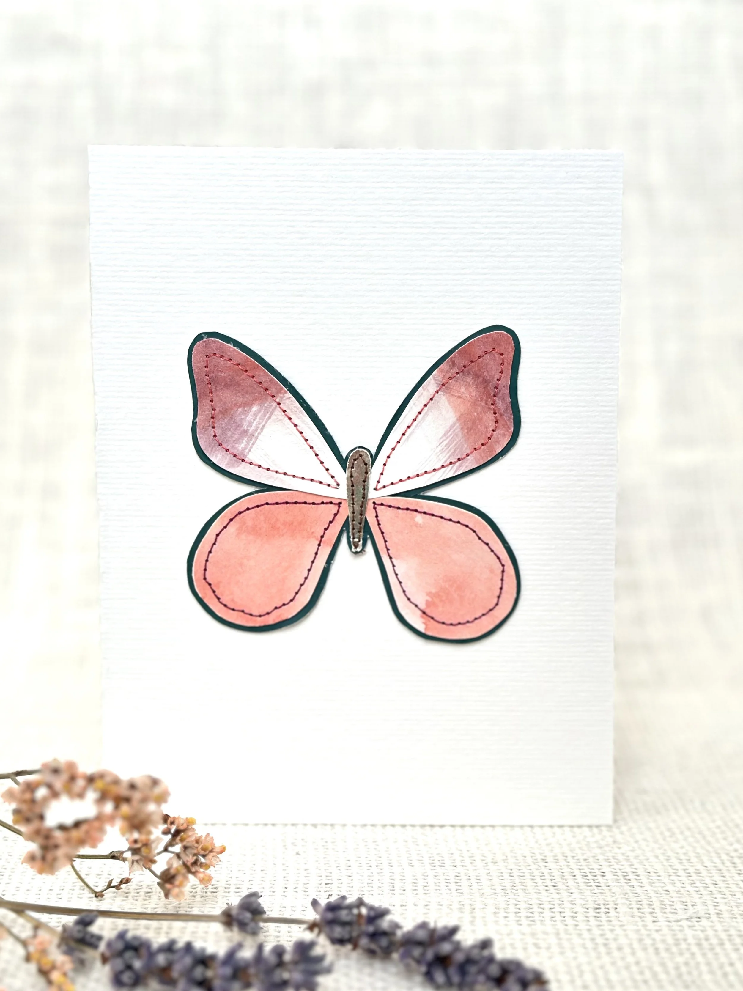coral bloom butterfly - sewn watercolor art card