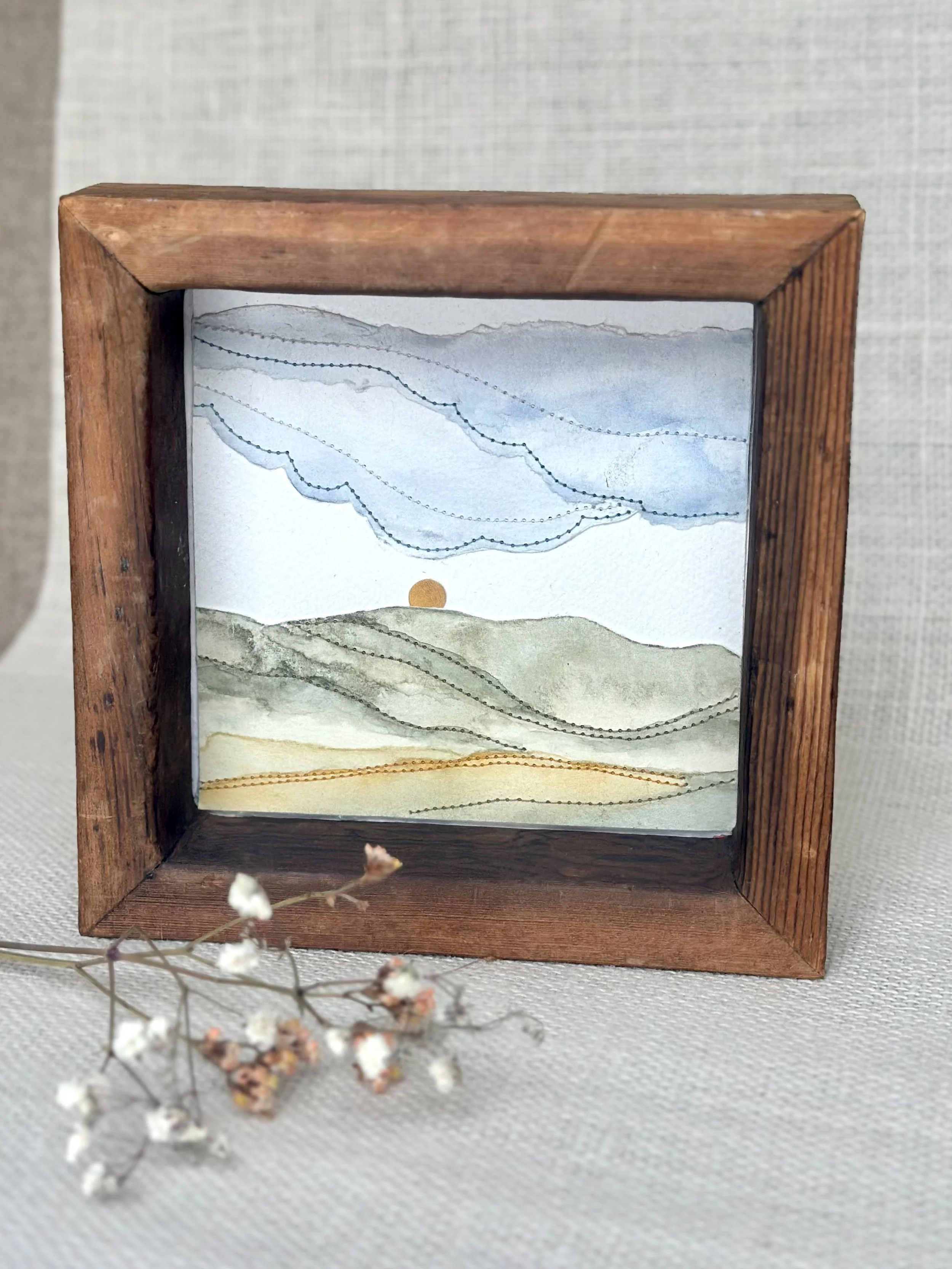 big sky - mini framed sewn watercolor landscape