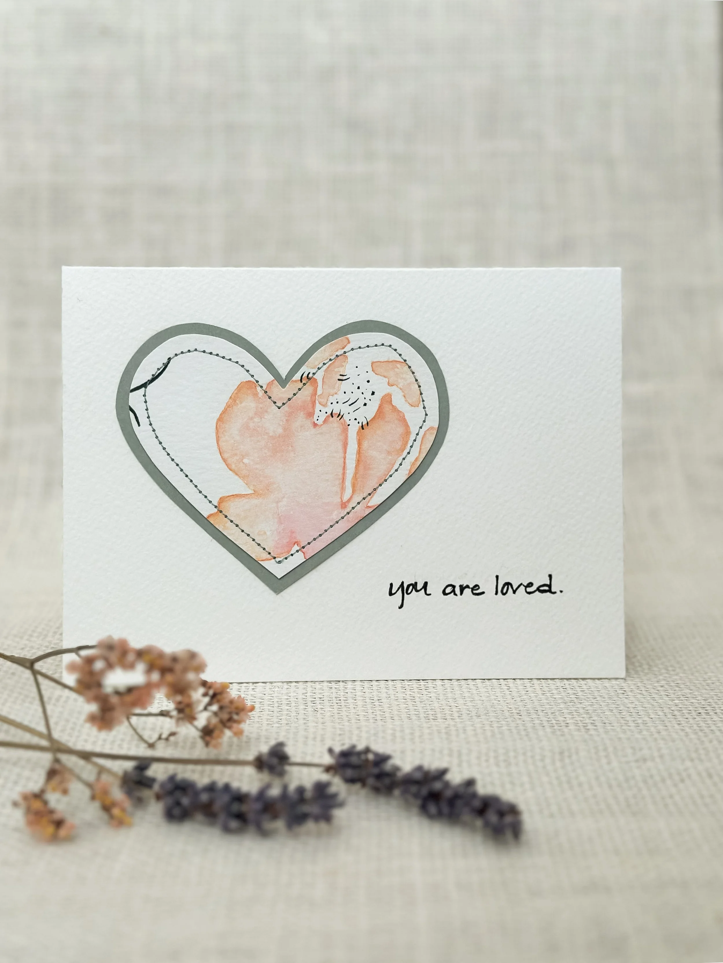 you are loved floral heart - sewn watercolor art card