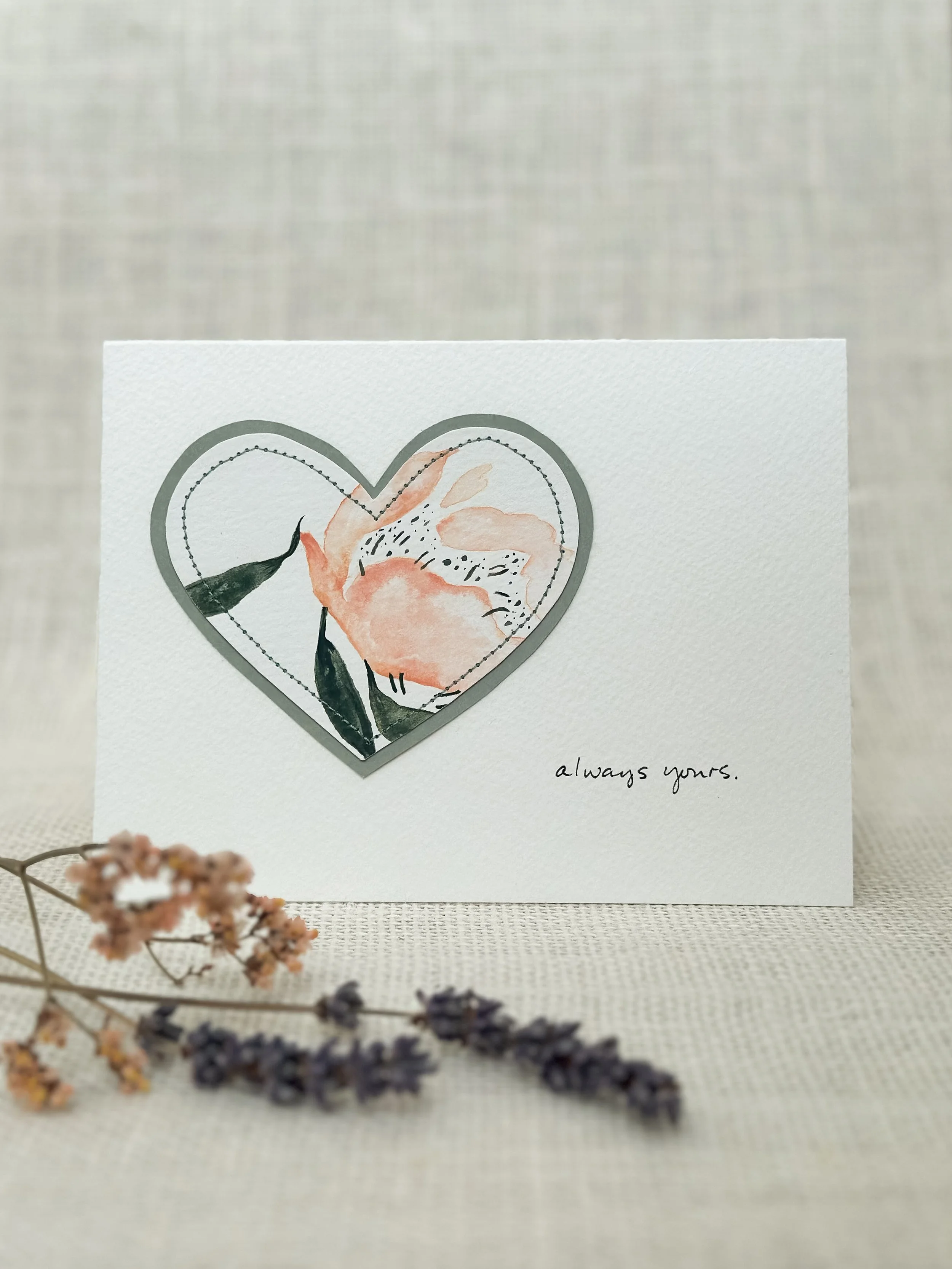 always yours heart sewn watercolor art card