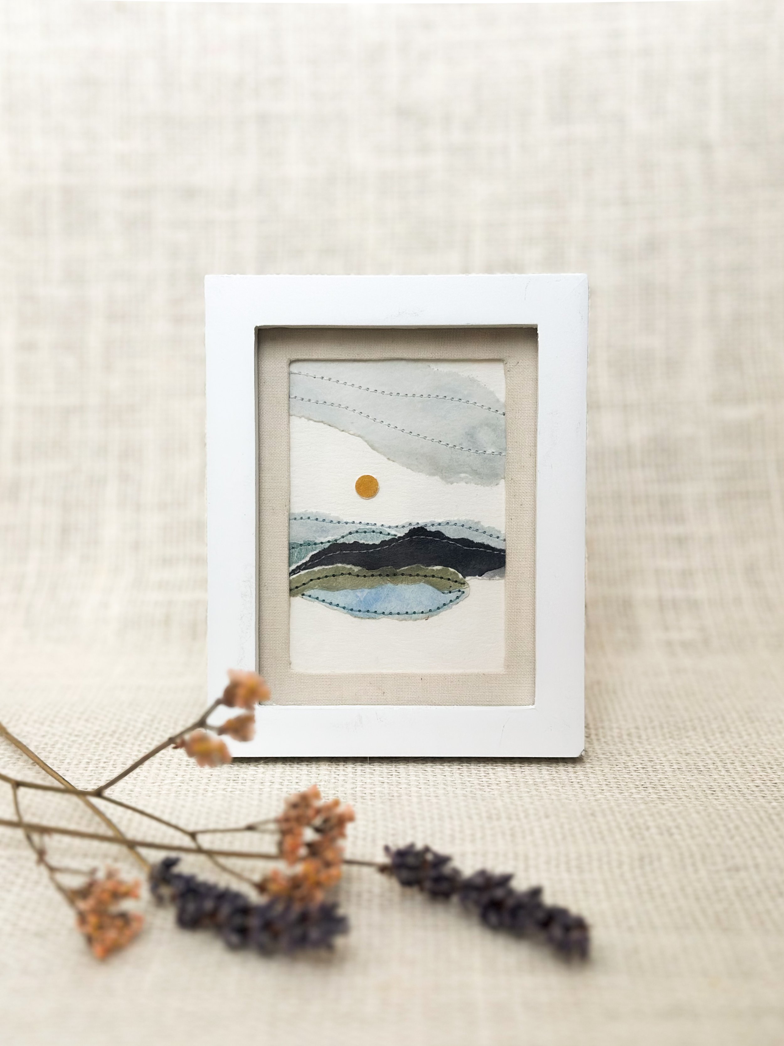 morning sky - mini framed sewn watercolor landscape