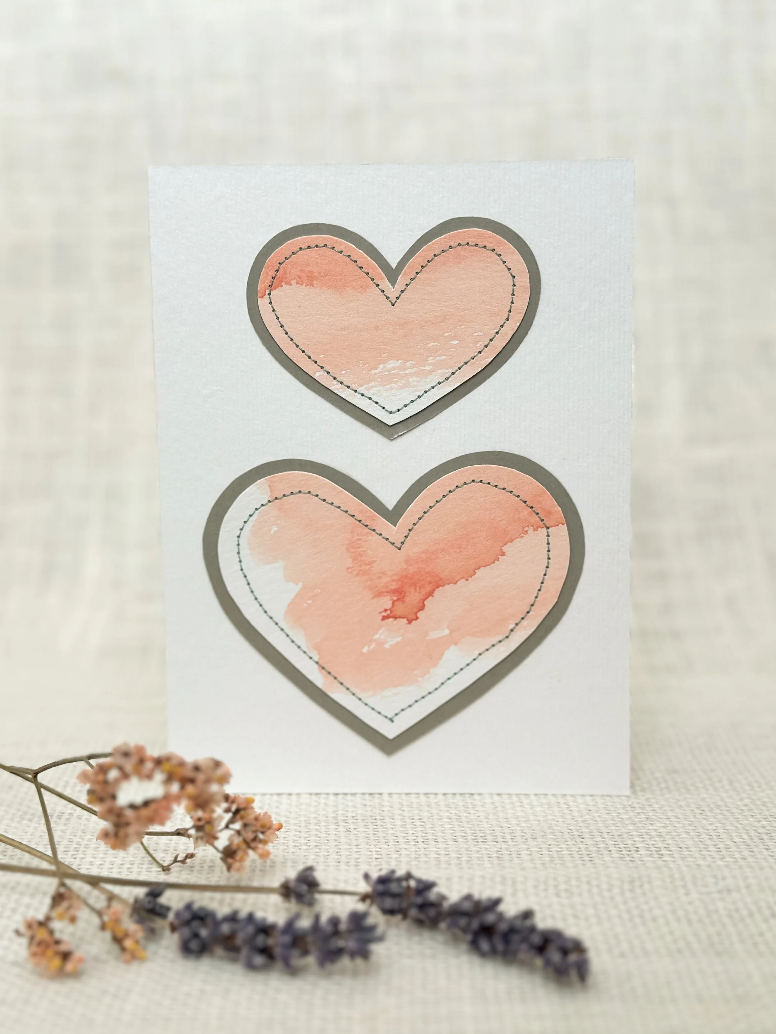 peach wash hearts - sewn watercolor art card
