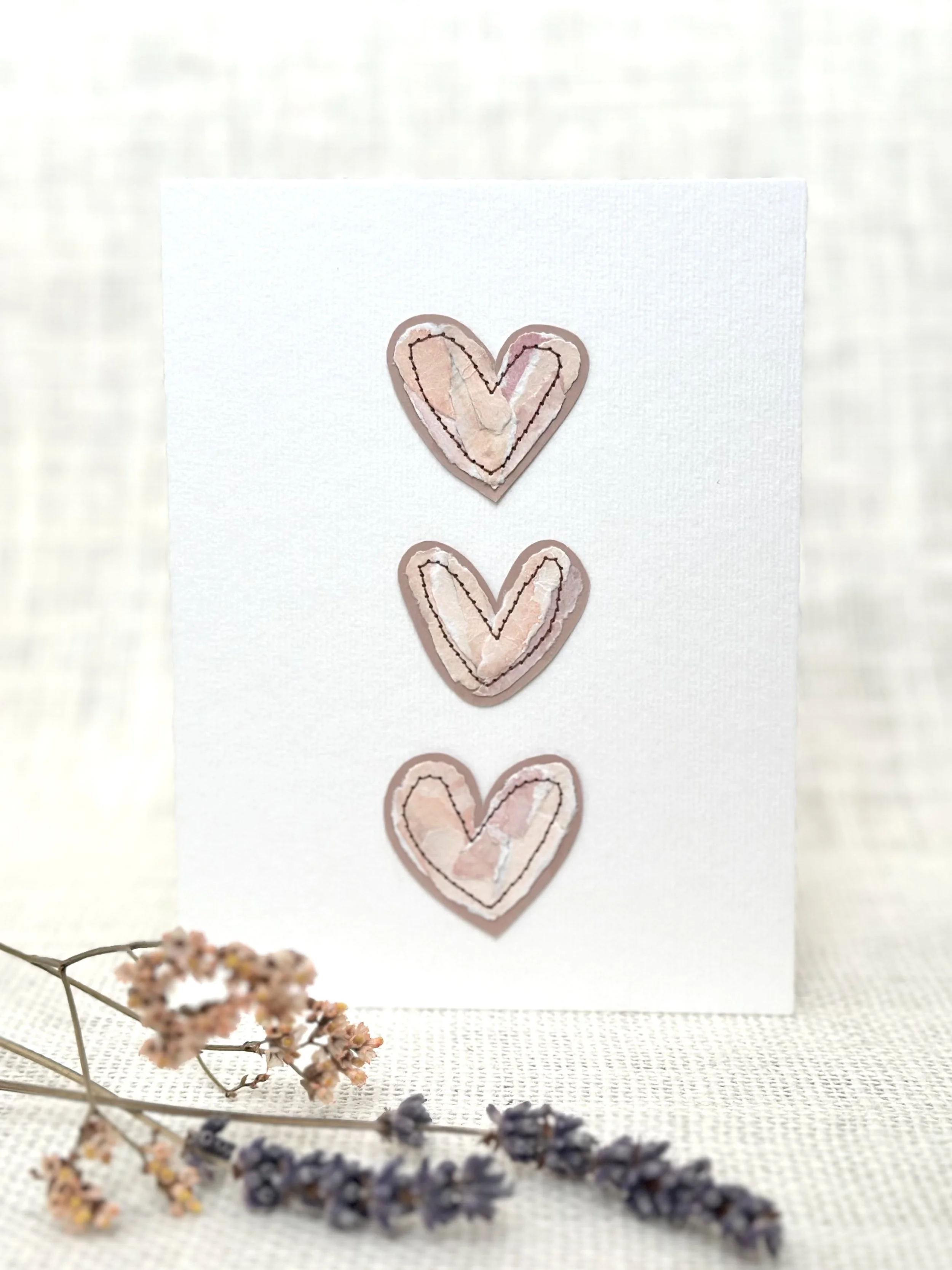 tiny blush hearts - sewn watercolor art card