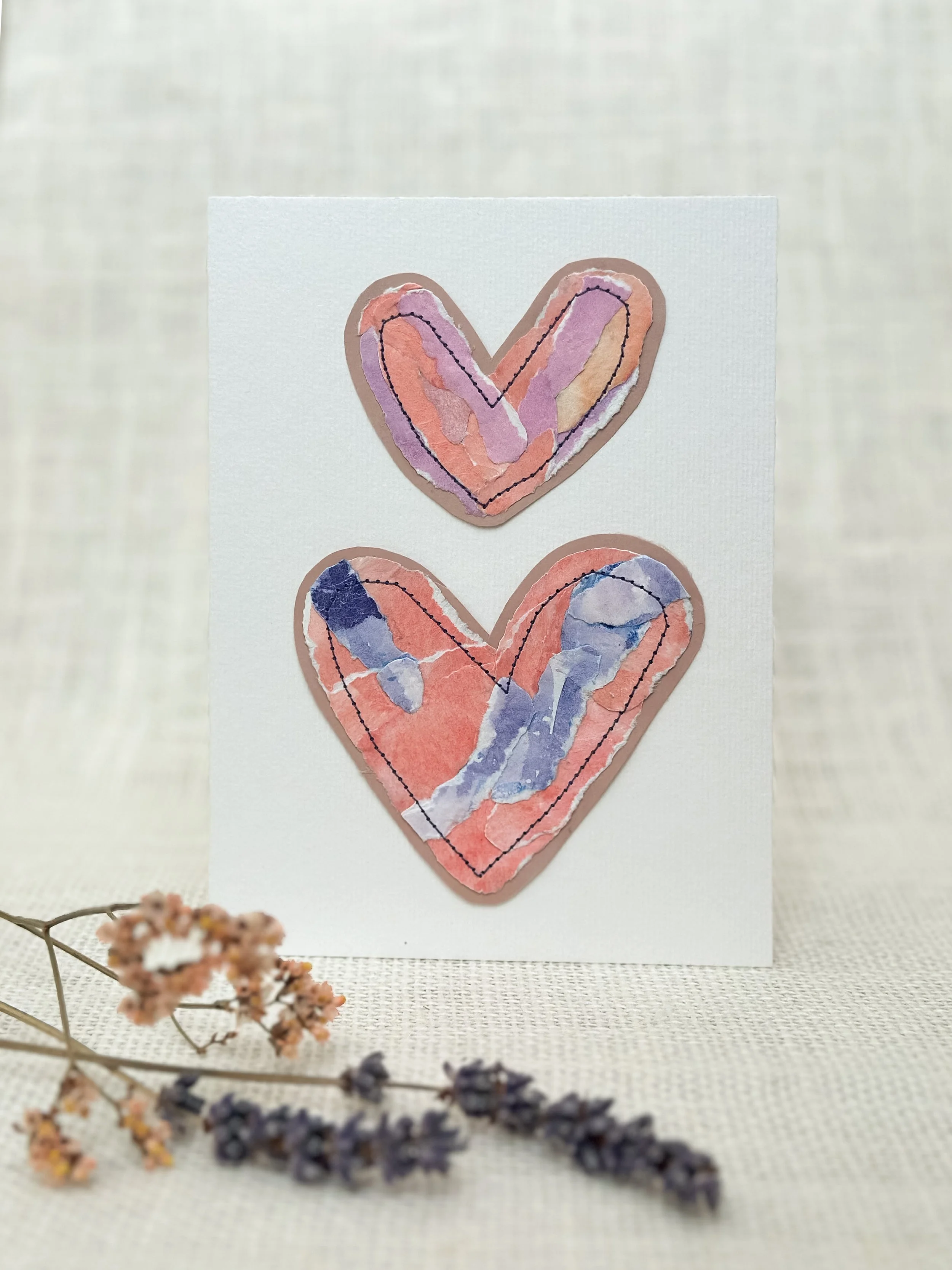 sunset hearts - sewn watercolor art card