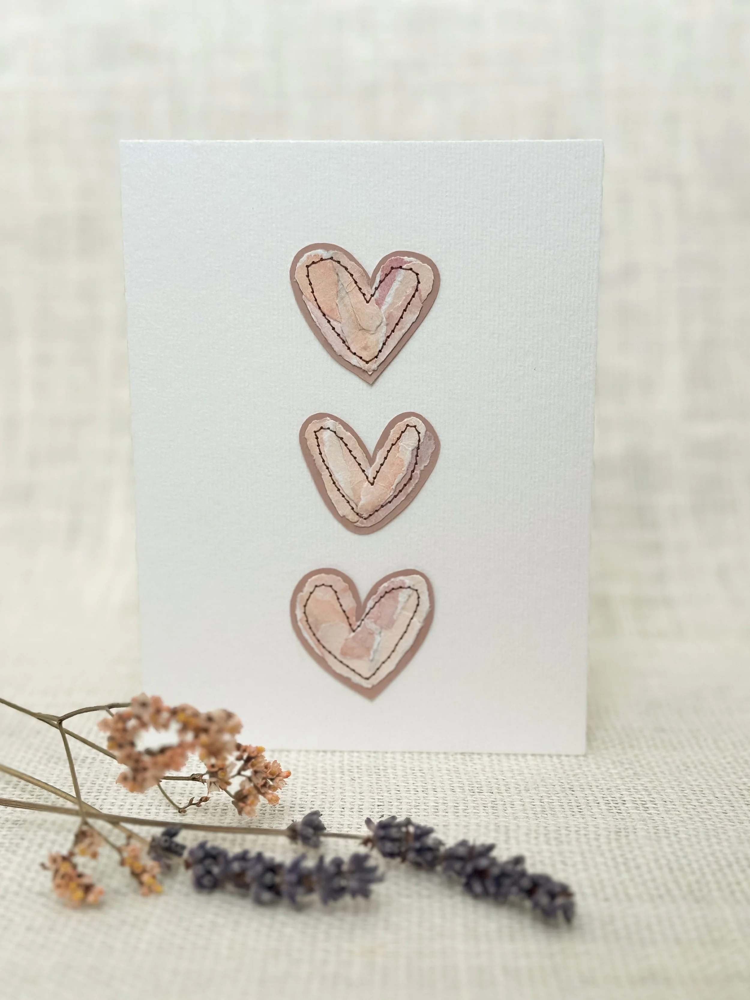 tiny blush hearts - sewn watercolor art card