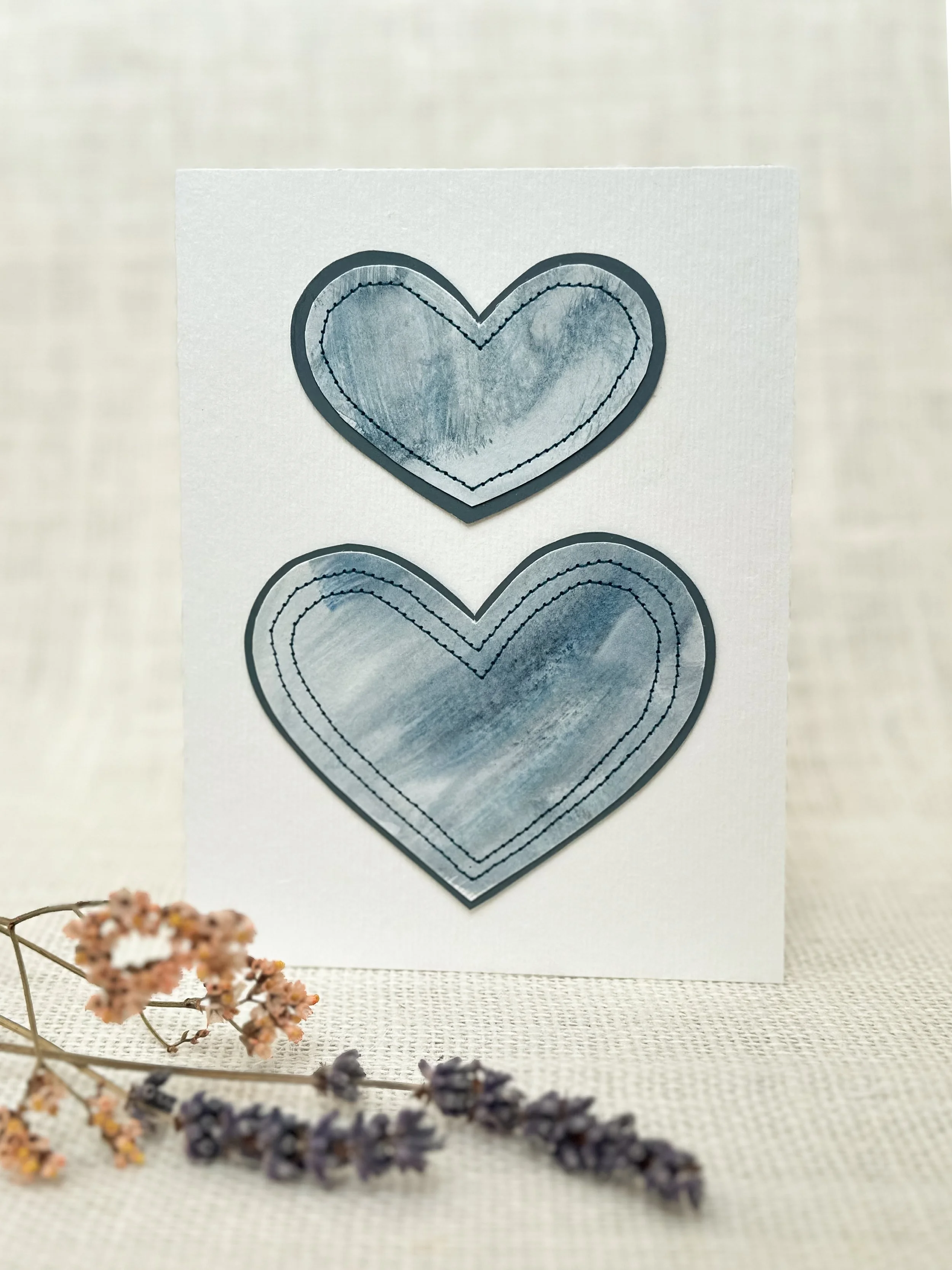storm blue hearts - sewn watercolor art card