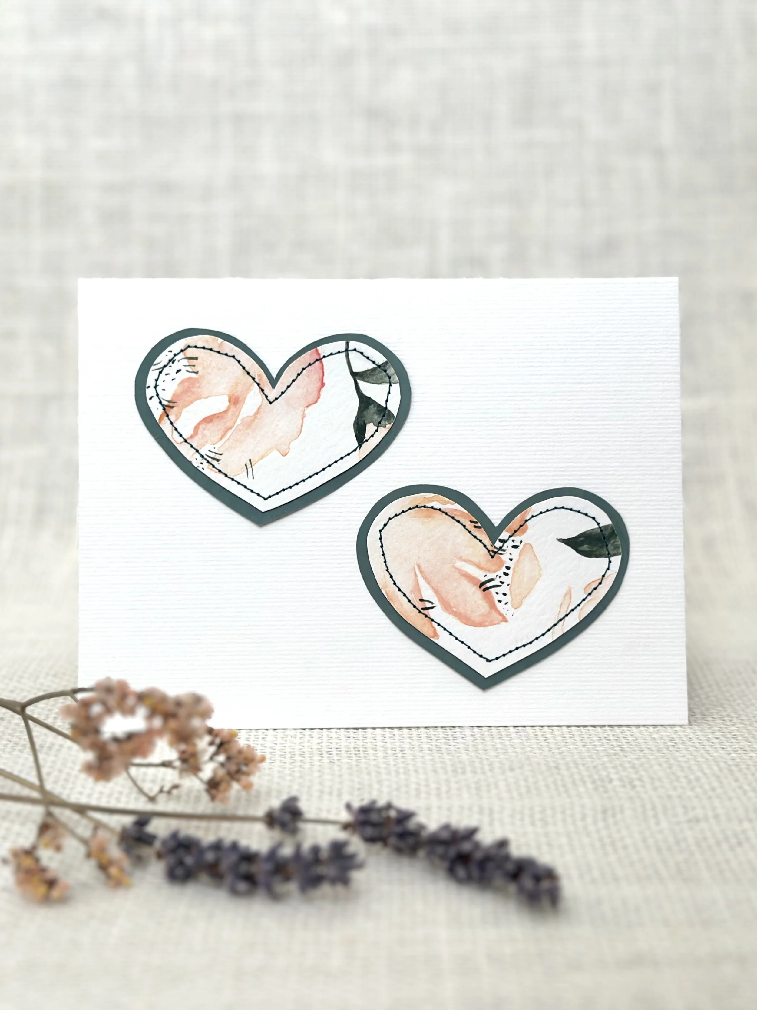 wild rose hearts - sewn watercolor art card