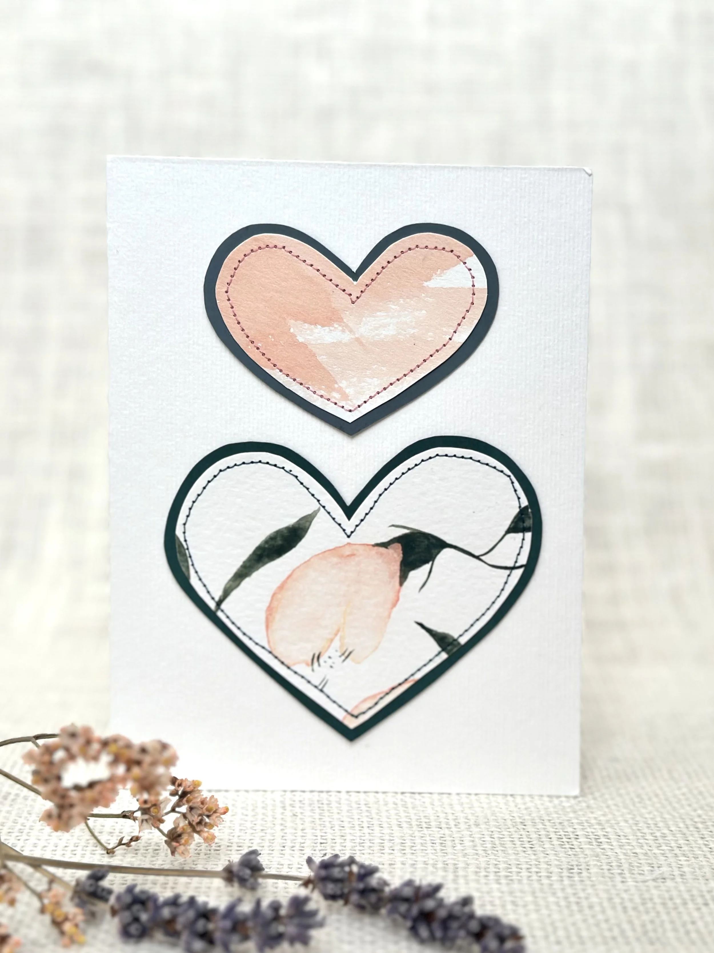 wild rose hearts - sewn watercolor art card