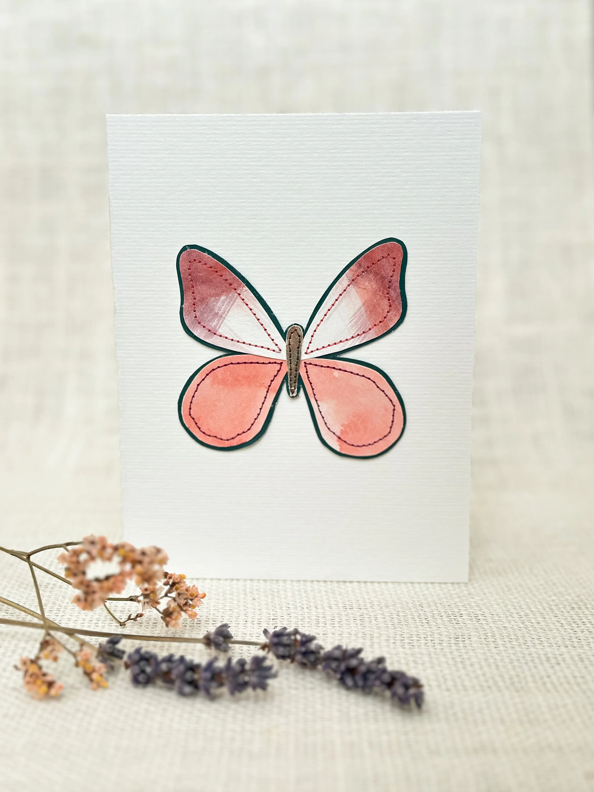 coral bloom butterfly - sewn watercolor art card