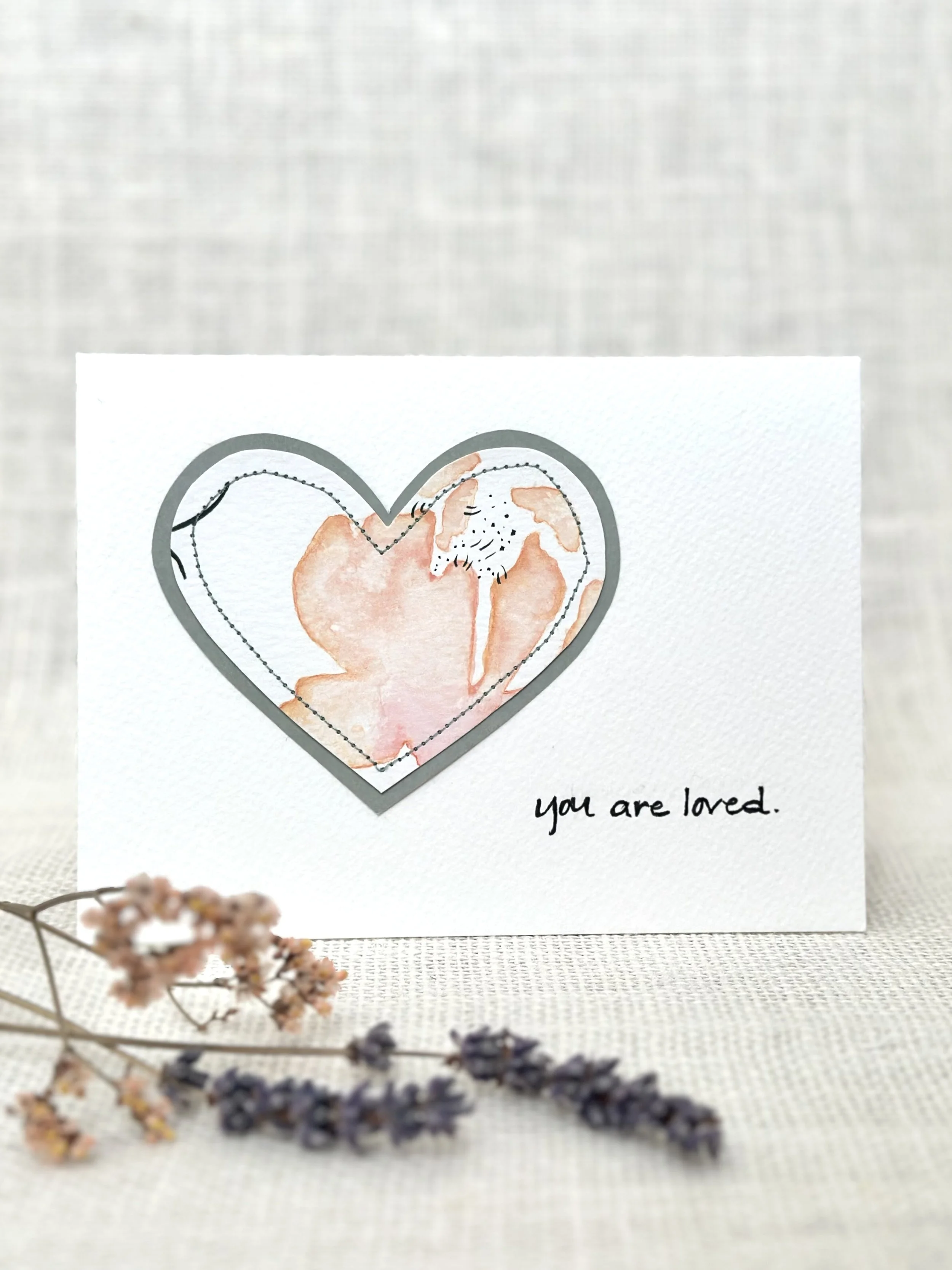 you are loved floral heart - sewn watercolor art card