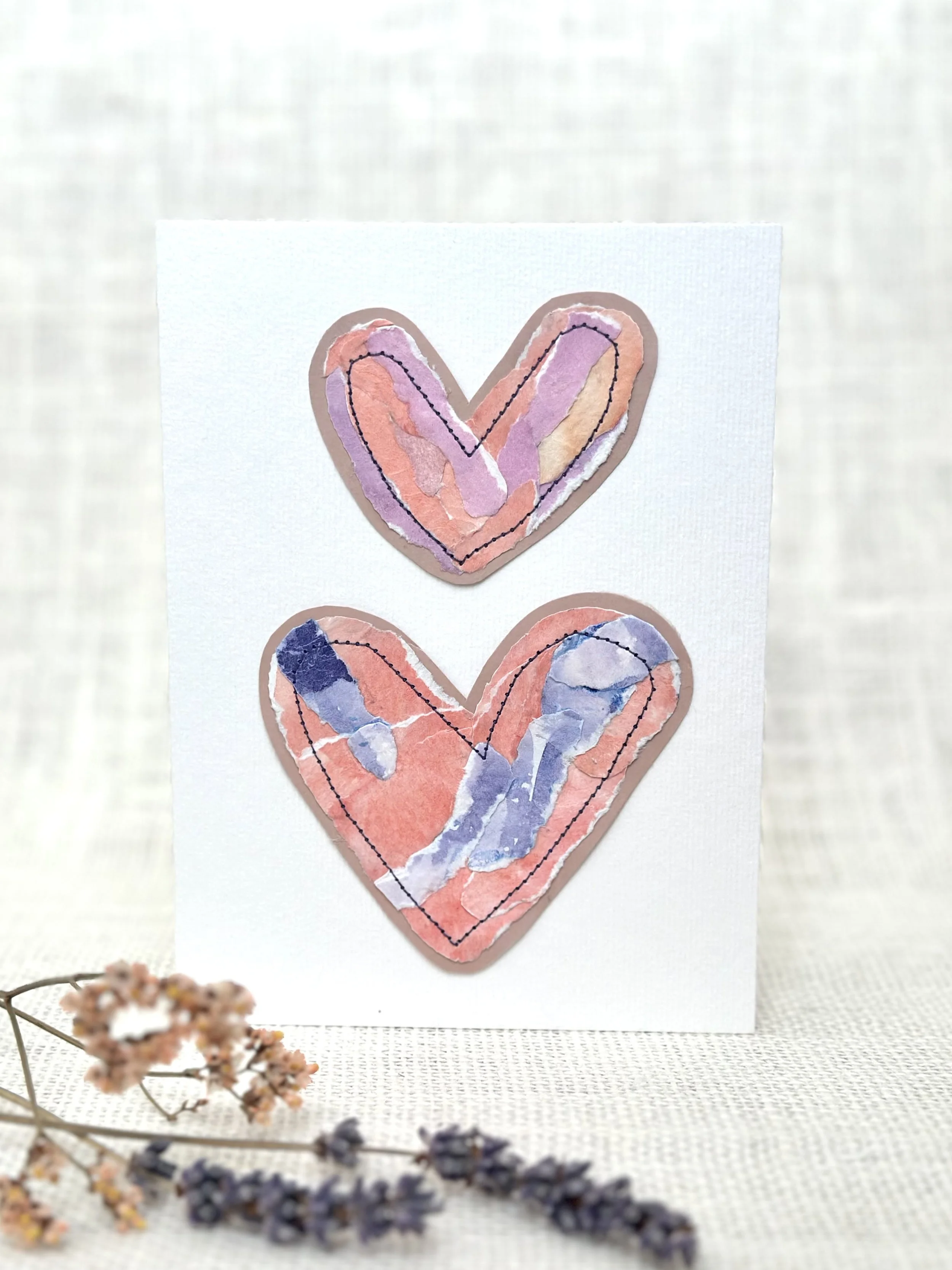 sunset hearts - sewn watercolor art card