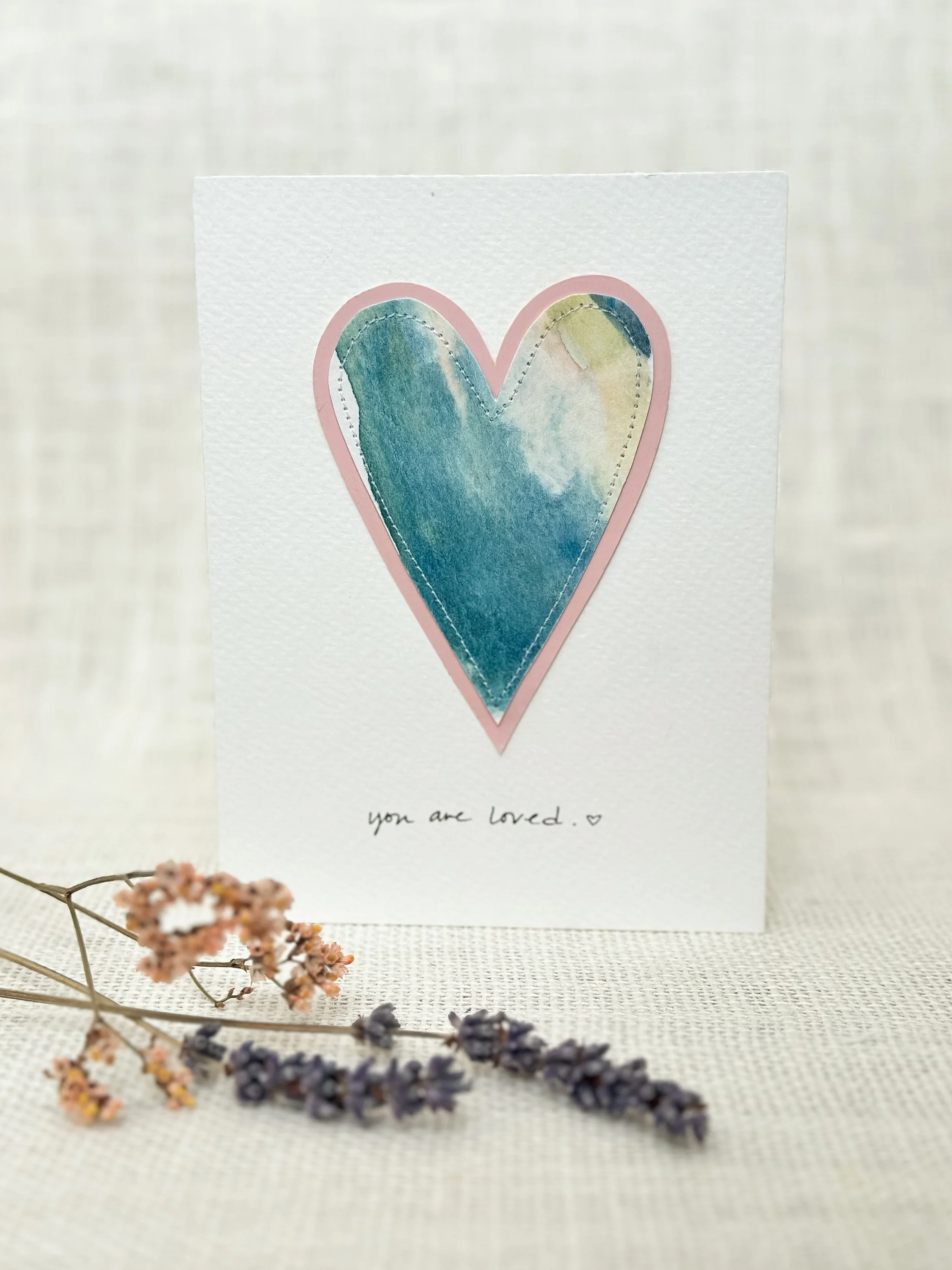 you are loved ocean heart - sewn watercolor art card