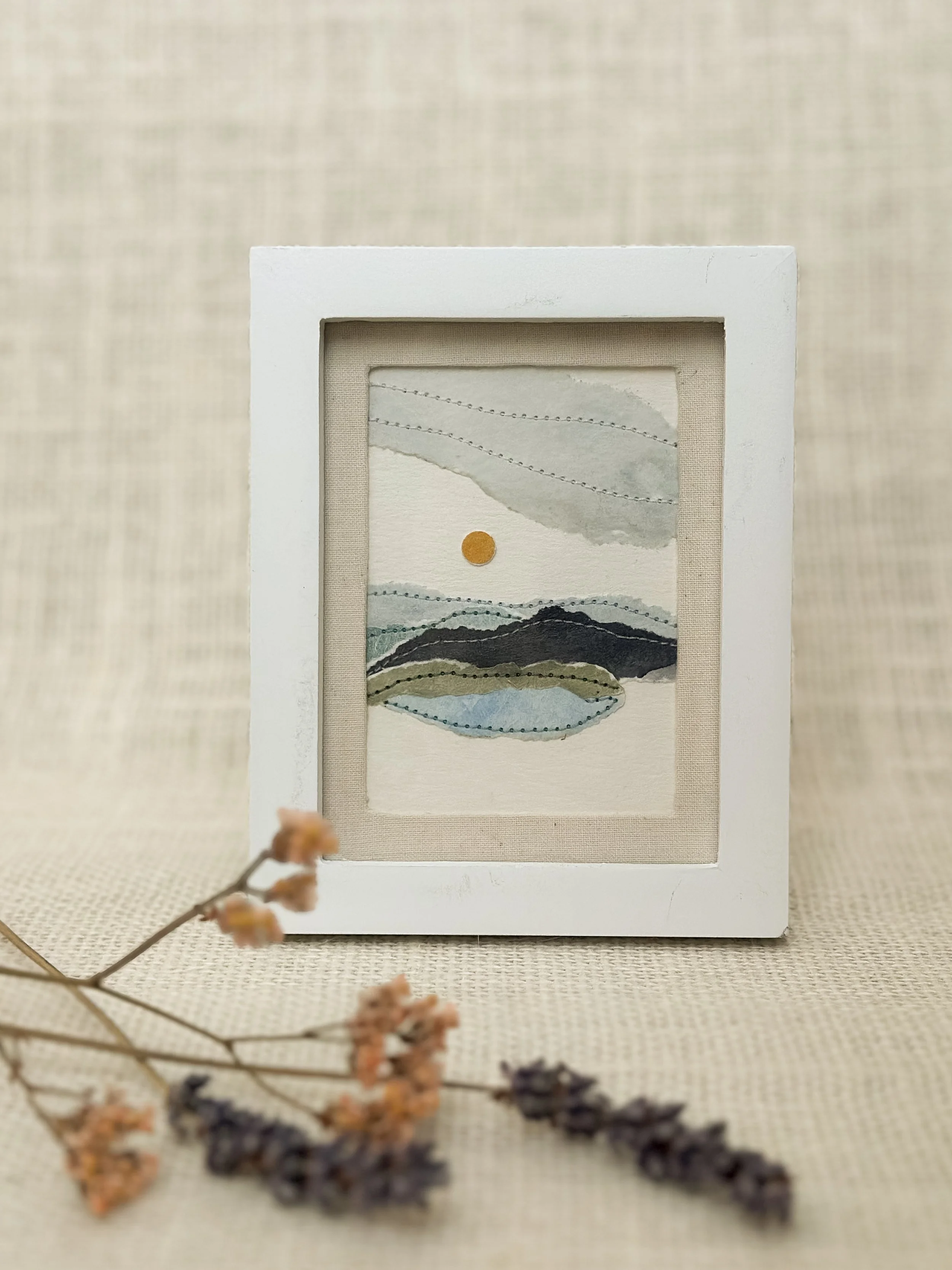 morning sky - mini framed sewn watercolor landscape