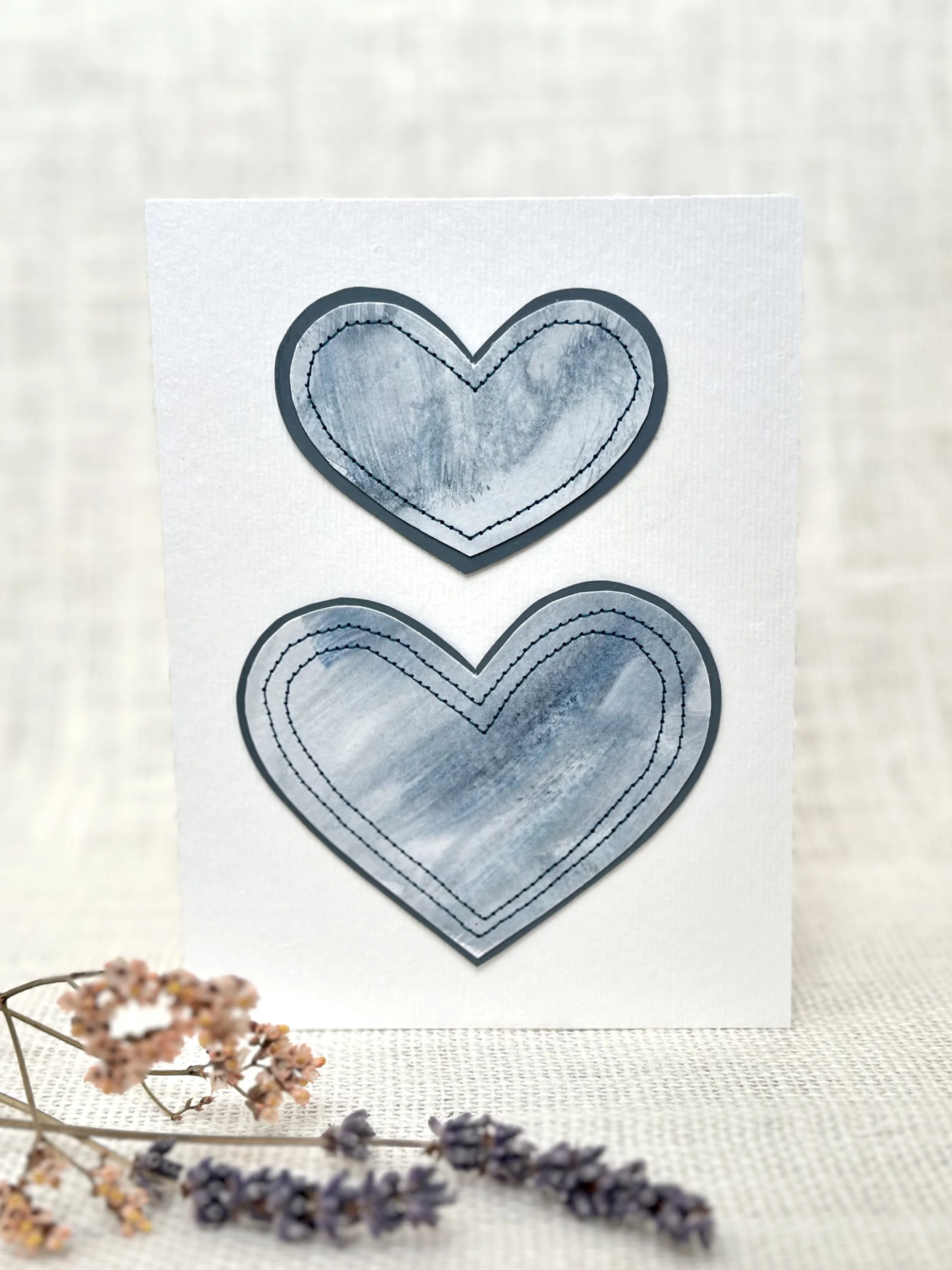 storm blue hearts - sewn watercolor art card