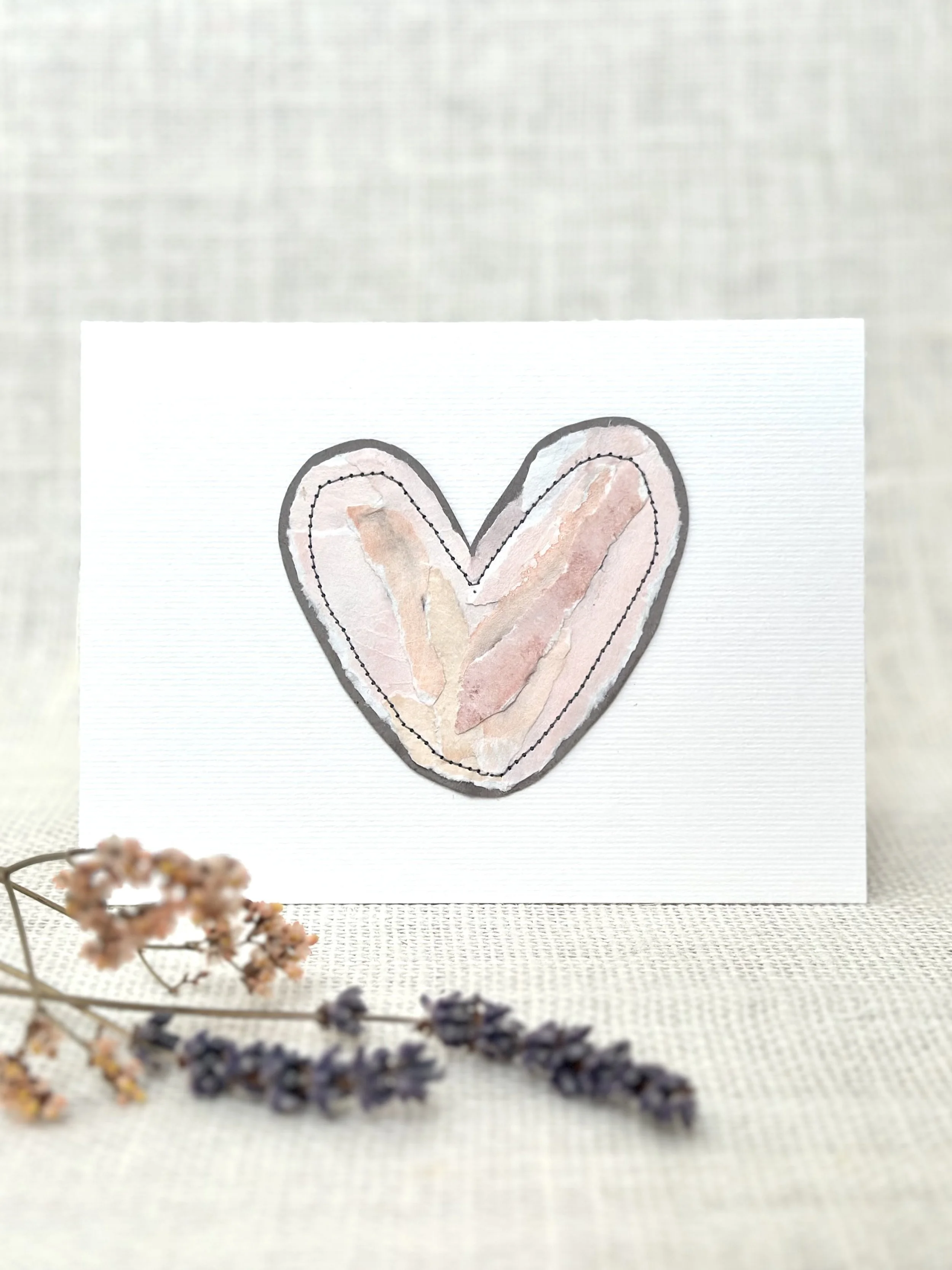 soft blush heart - sewn watercolor art card