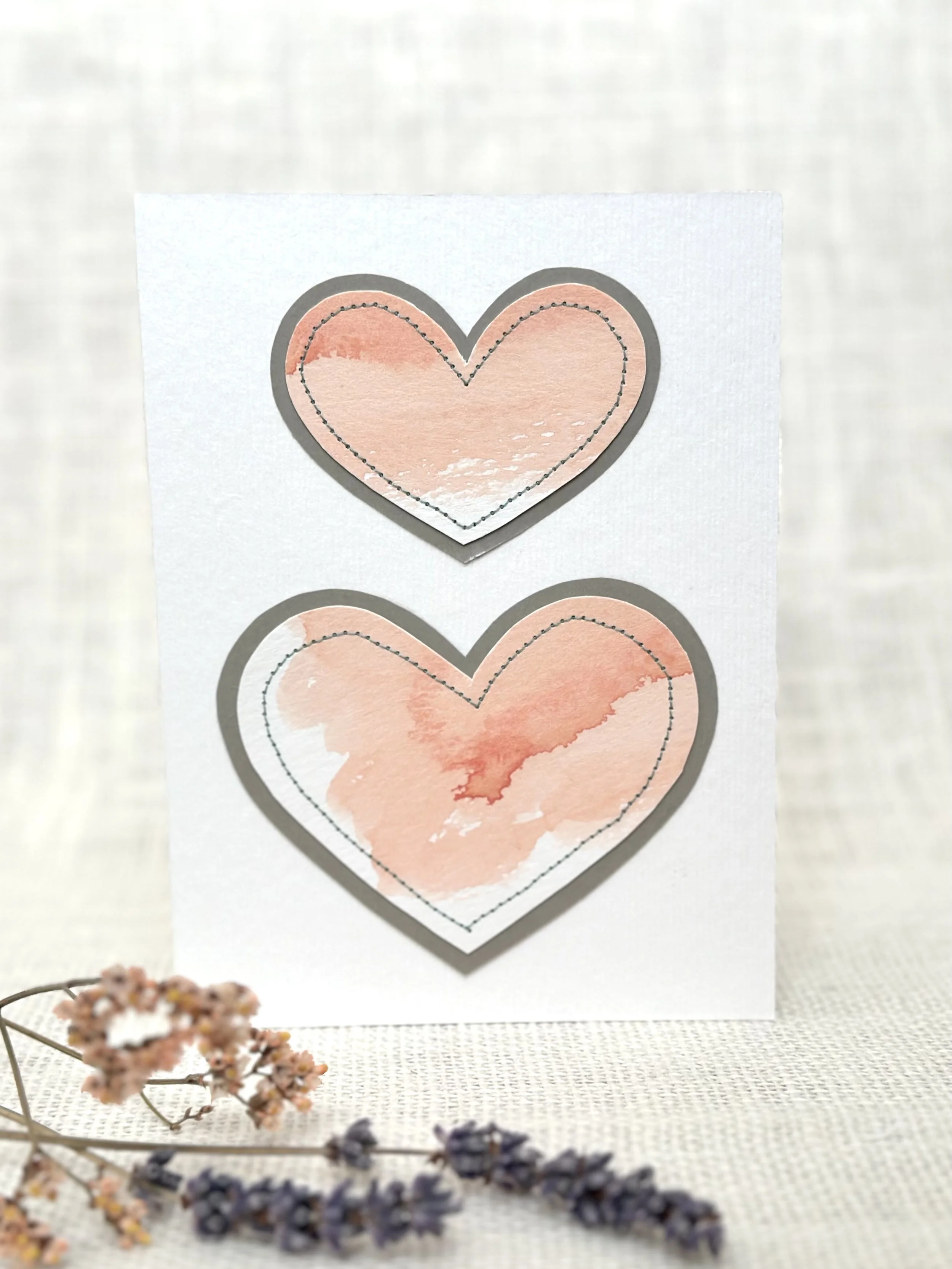 peach wash hearts - sewn watercolor art card