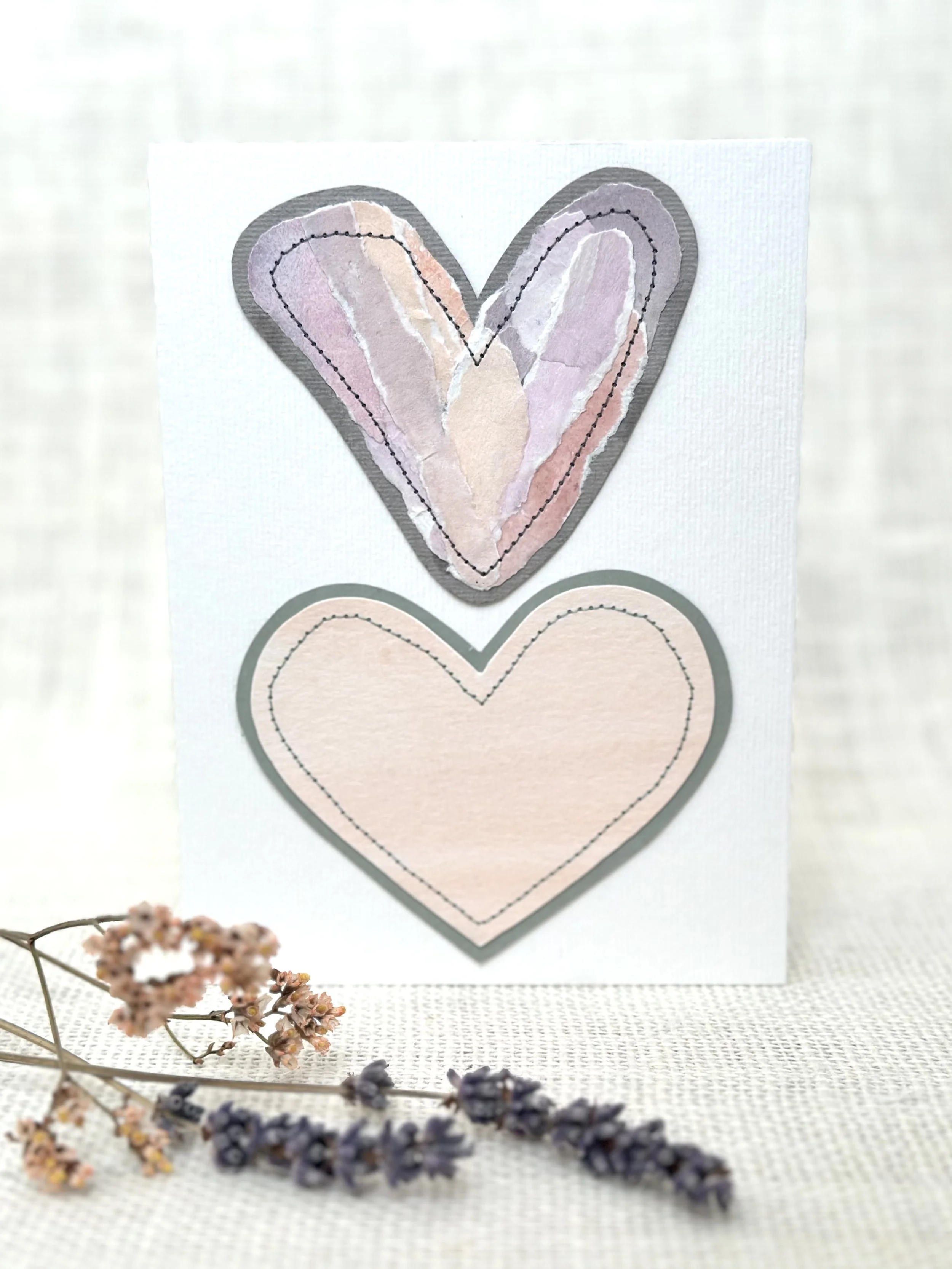 blush lavender hearts - sewn watercolor art card