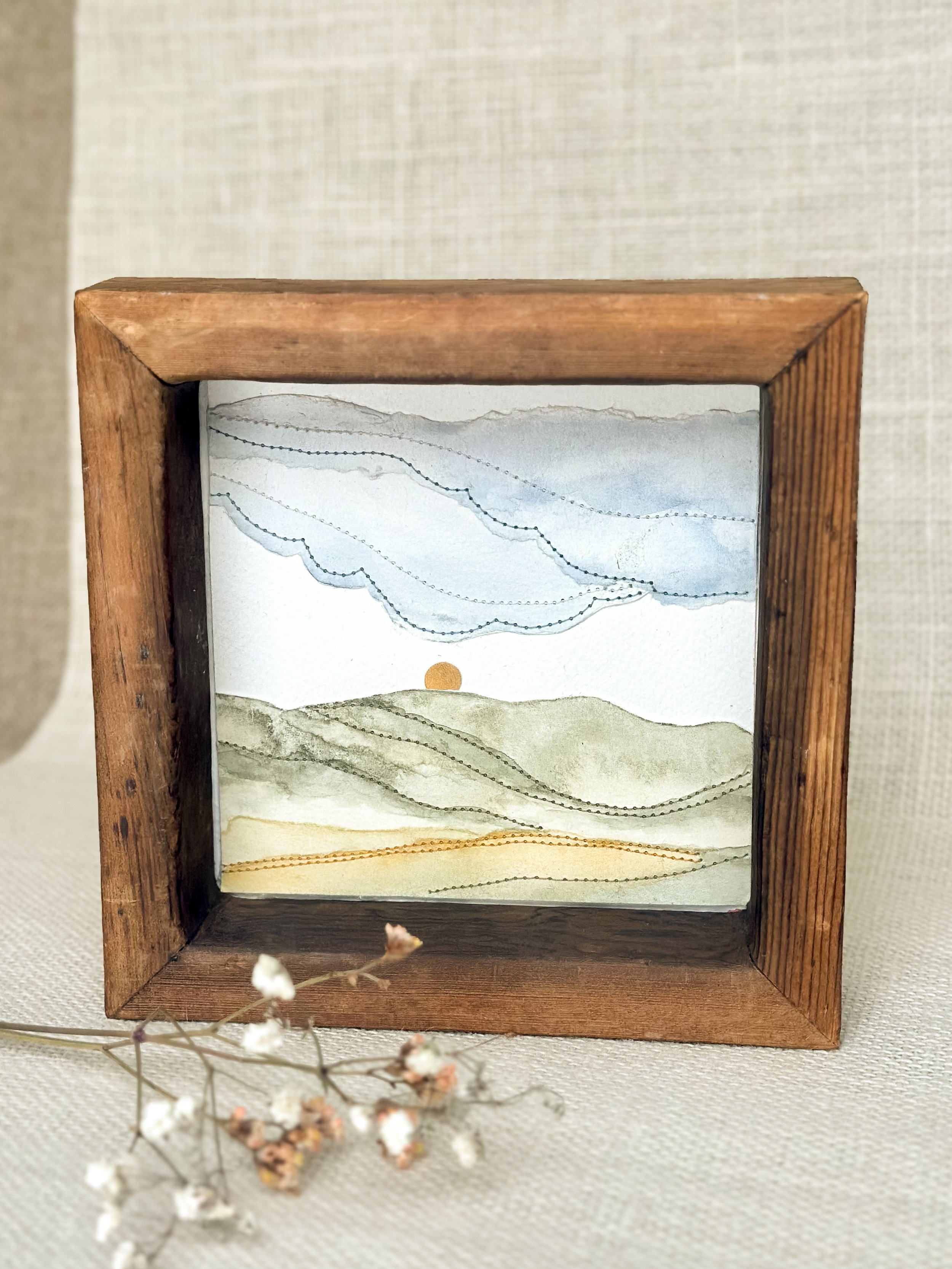 big sky - mini framed sewn watercolor landscape