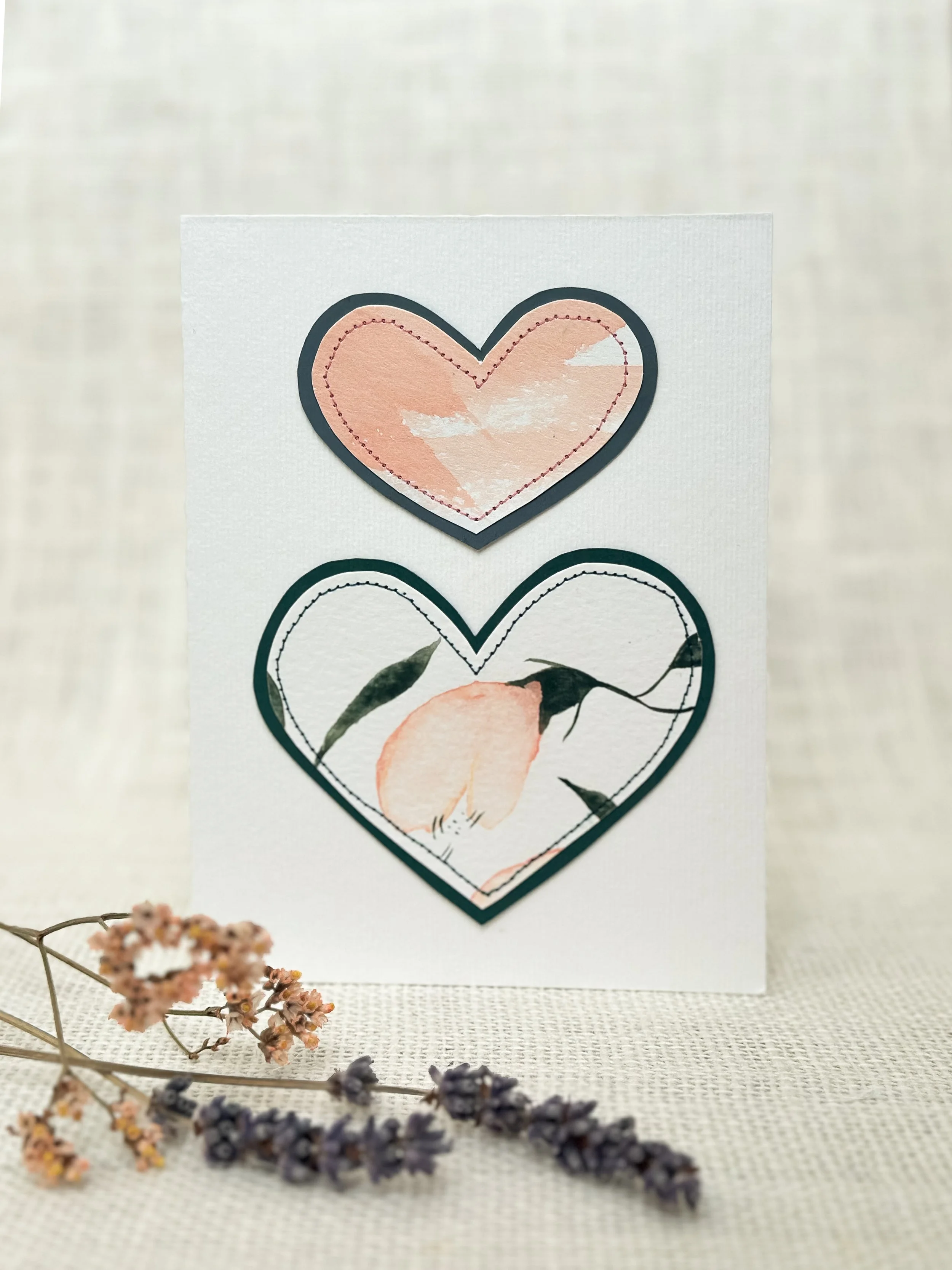 wild rose hearts - sewn watercolor art card