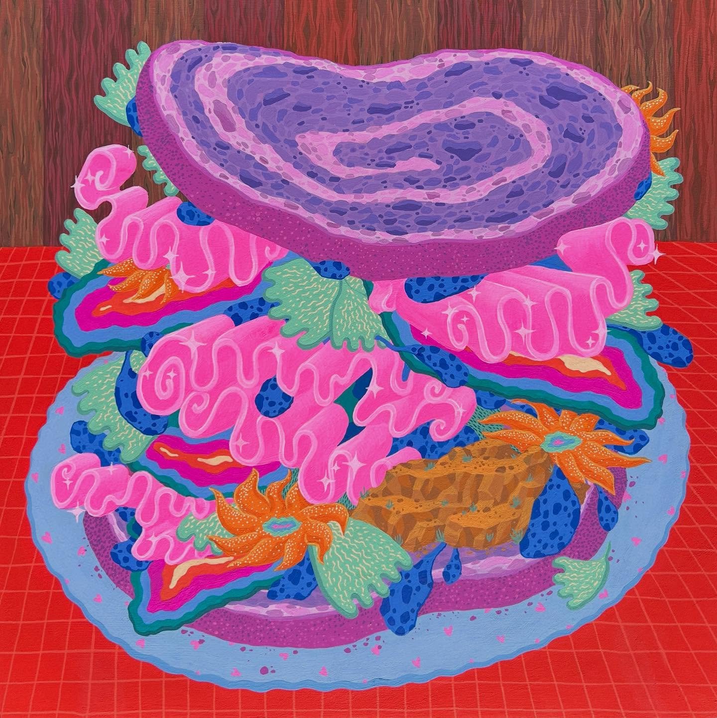 Marble rye sandwich painting for the Psychedelicatessen show opening at @gallery.ergo in Seattle tomorrow! 🥪🌀