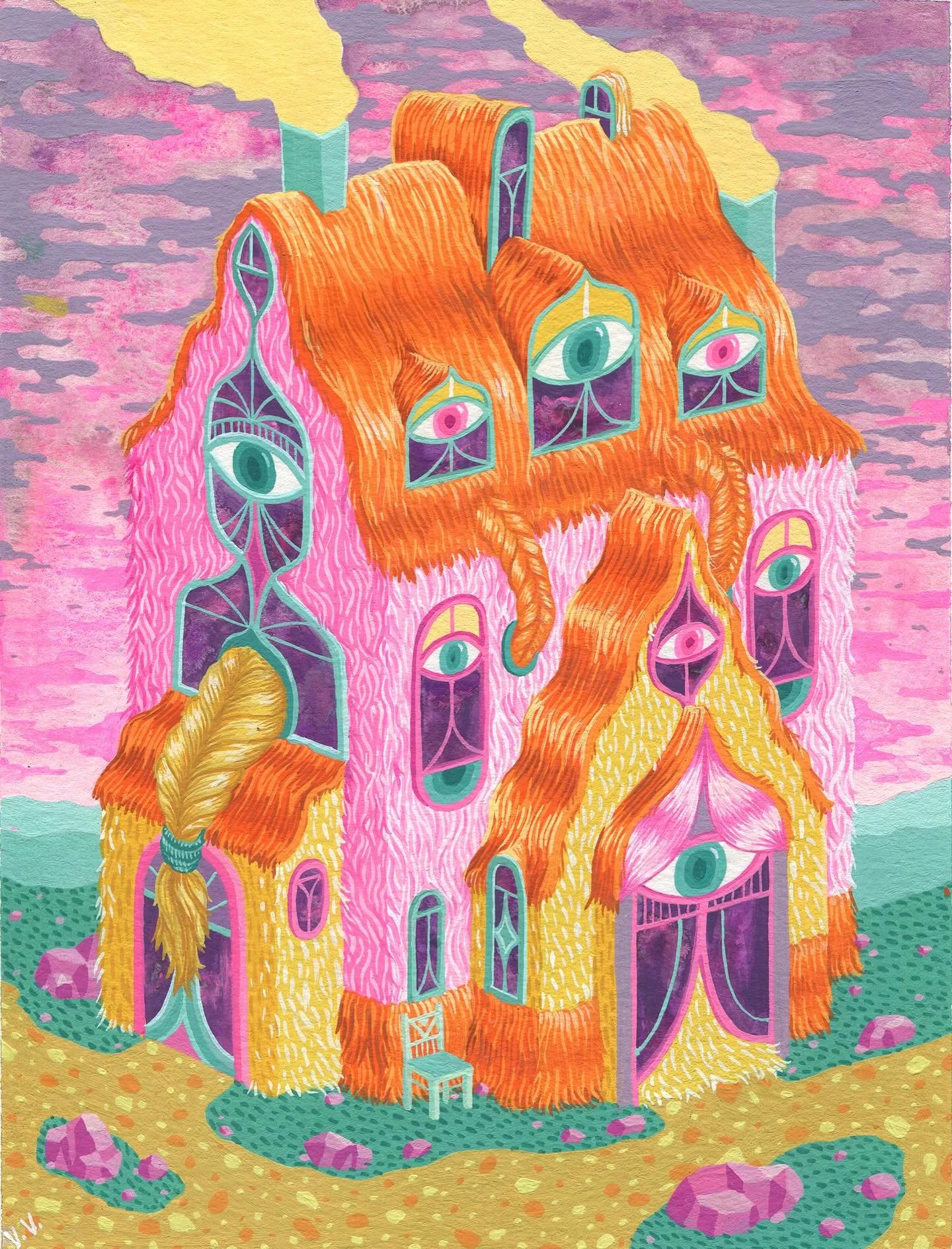 Hairy house collection 💇&zwj;♀️ - all gouache/watercolor on paper/wood